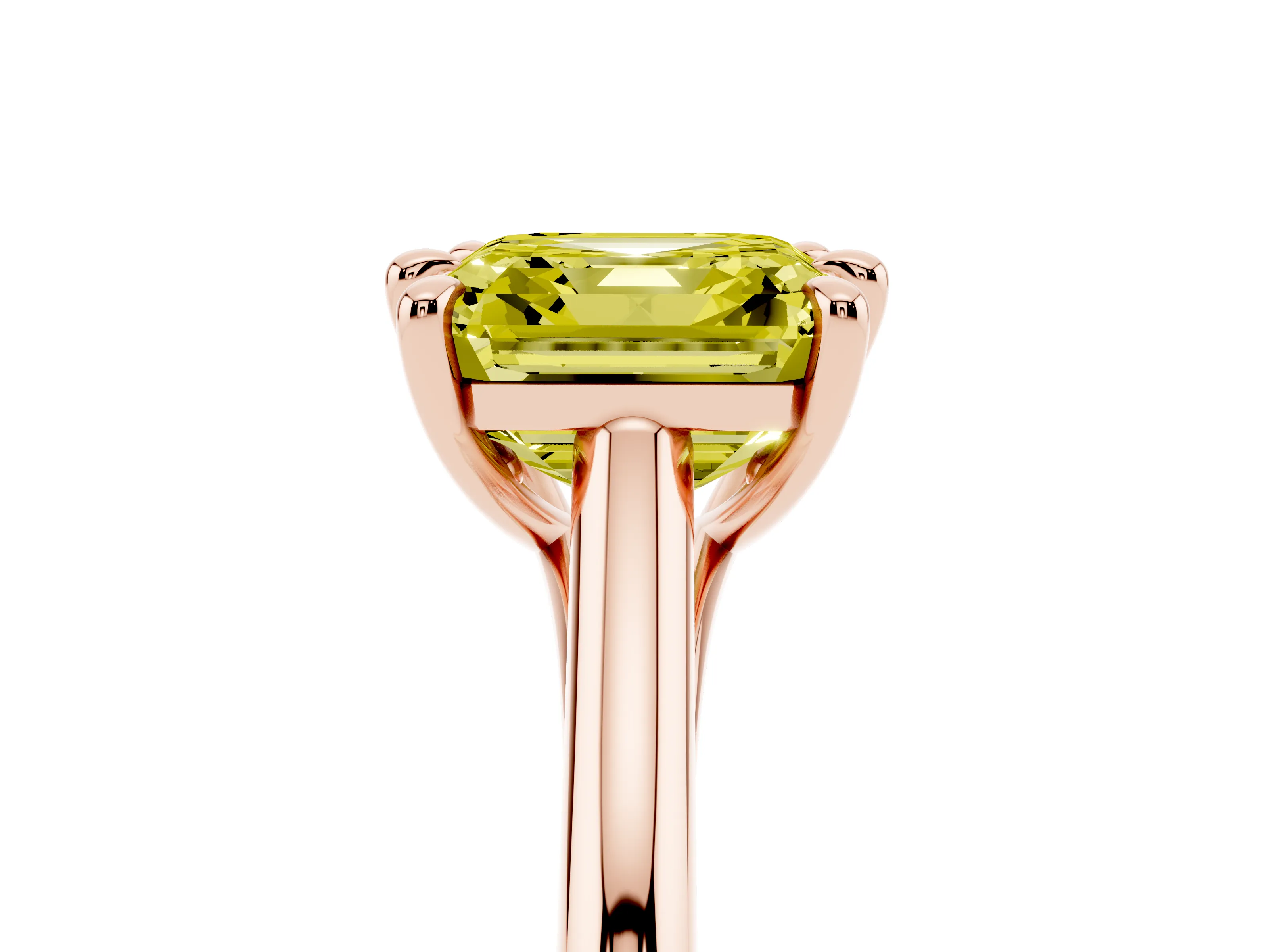Fancy Yellow Asscher Cut Diamond Solitaire Engagement Ring Set in Rose gold with Prong Setting and Plain Classic Band