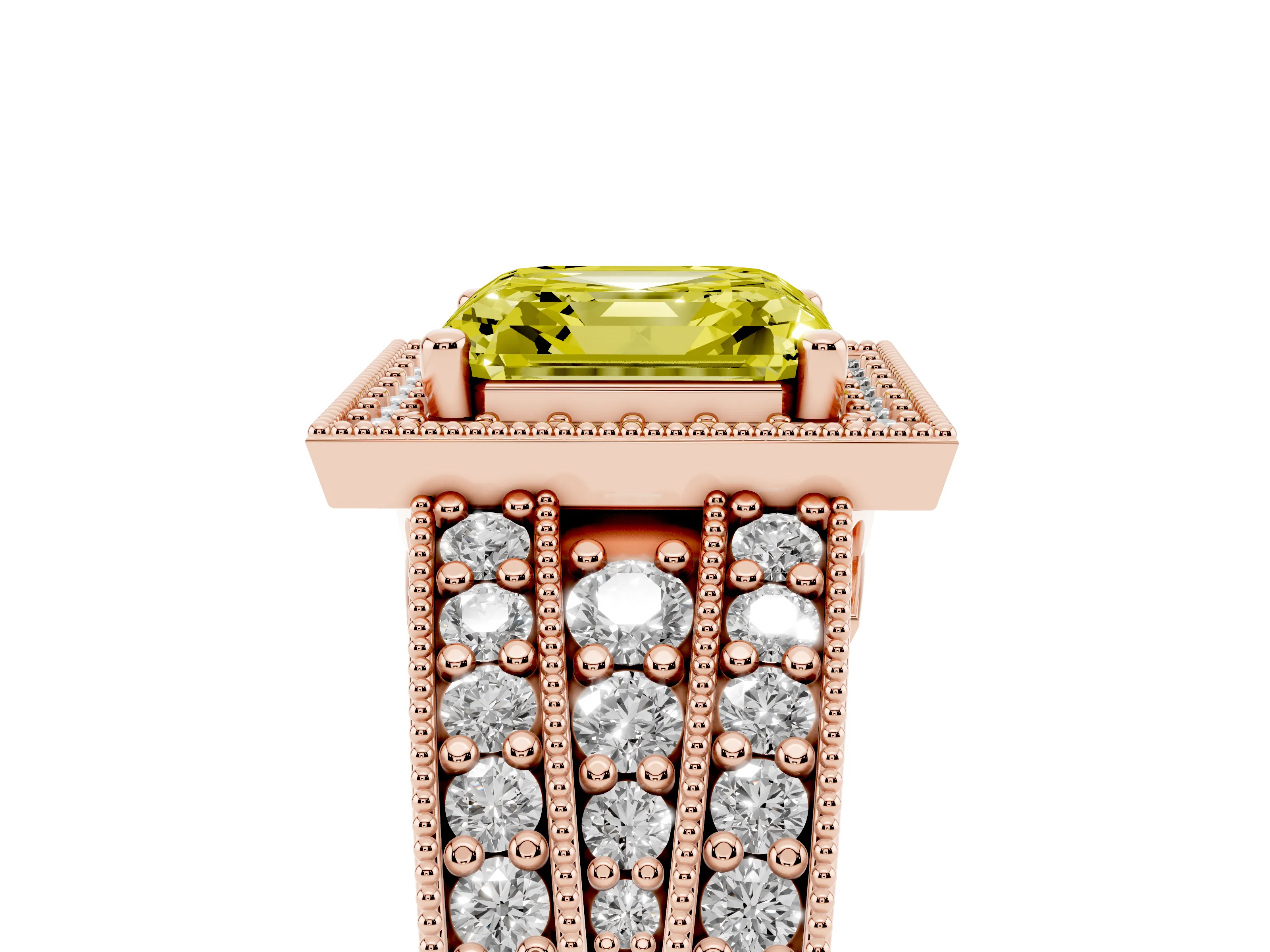 Fancy Yellow Asscher Cut Diamond Halo Ring Set in Rose gold with Accent Split Shank and Prong Setting