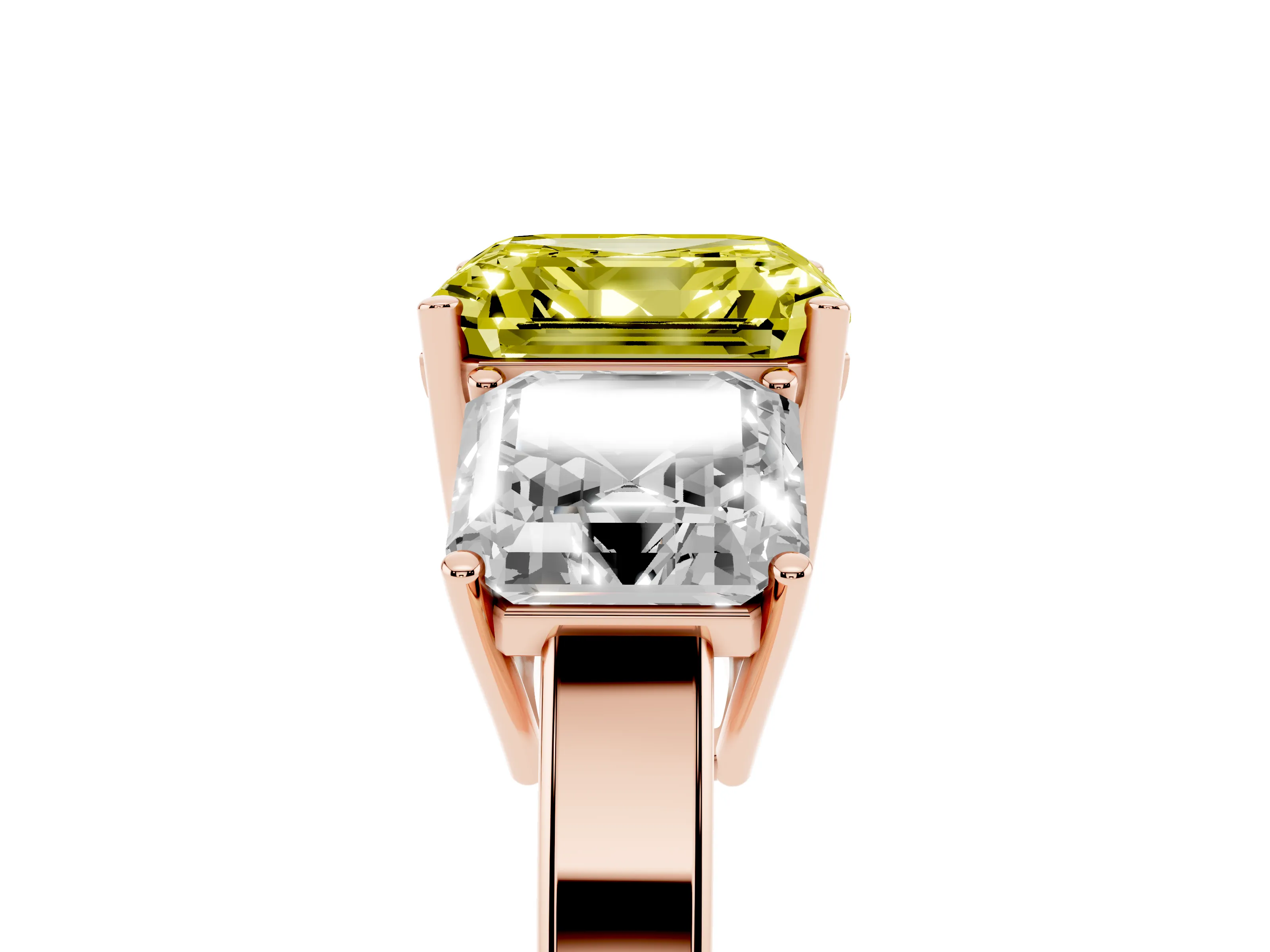Fancy Yellow Asscher Cut Diamond Three-Stone Engagement Ring Set in Rose gold with Flat Band