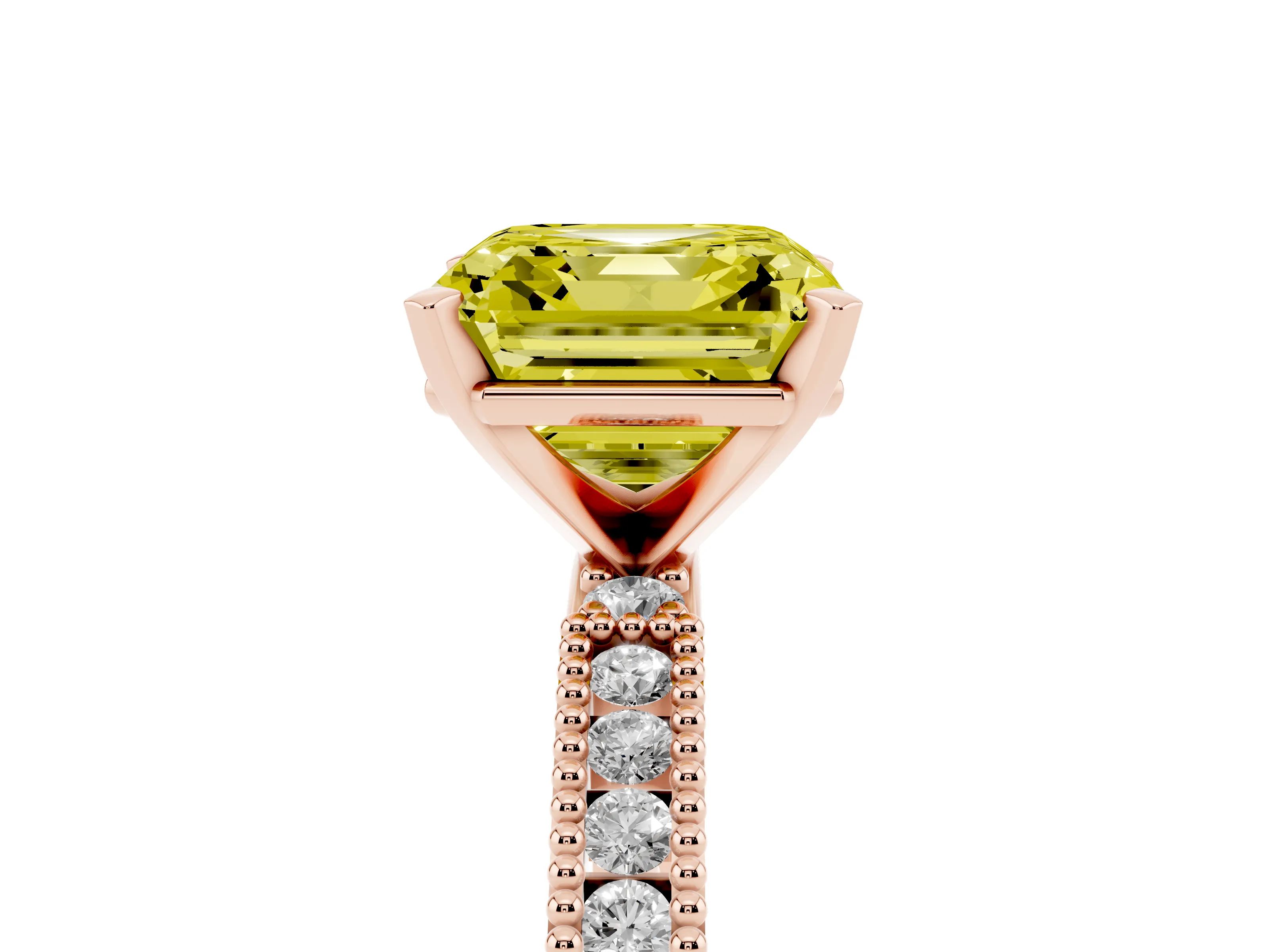 Fancy Yellow Asscher Cut Diamond Solitaire Ring Set in Rose gold with Slim Pavé Band and Prong Setting