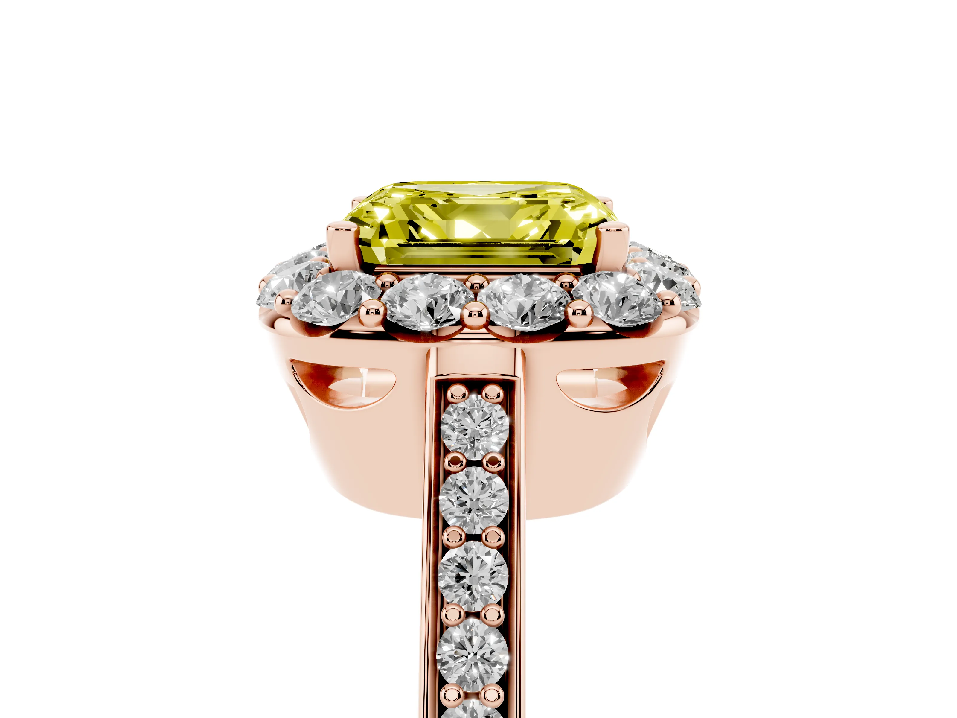 Fancy Yellow Asscher Cut Diamond Floral Halo Ring Set in Rose gold with Pavé Band and Prong Setting