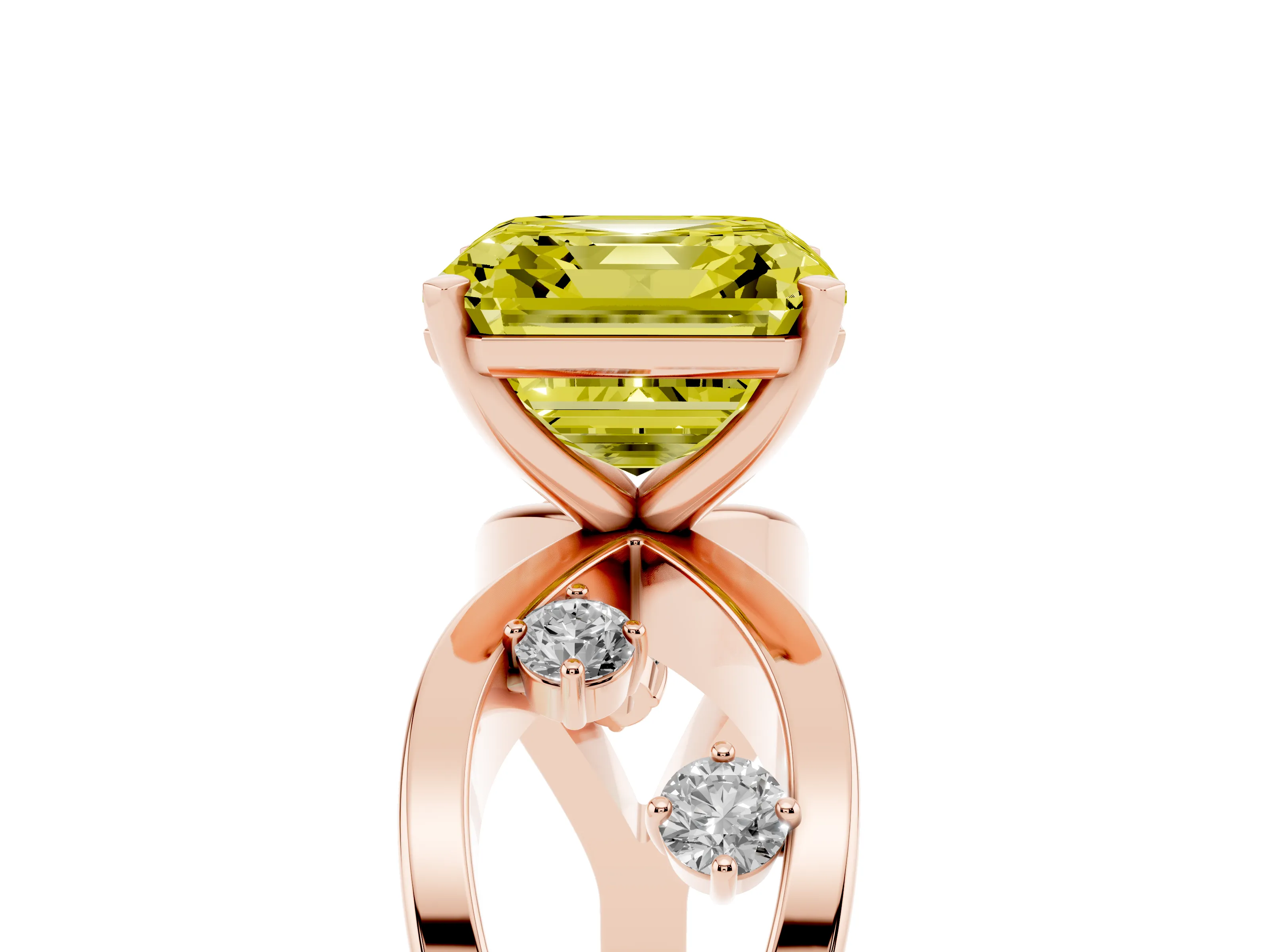 Fancy Yellow Asscher Cut Diamond Solitaire Ring Set in Rose gold with Side Stones on Criss-Cross Band and Prong Setting