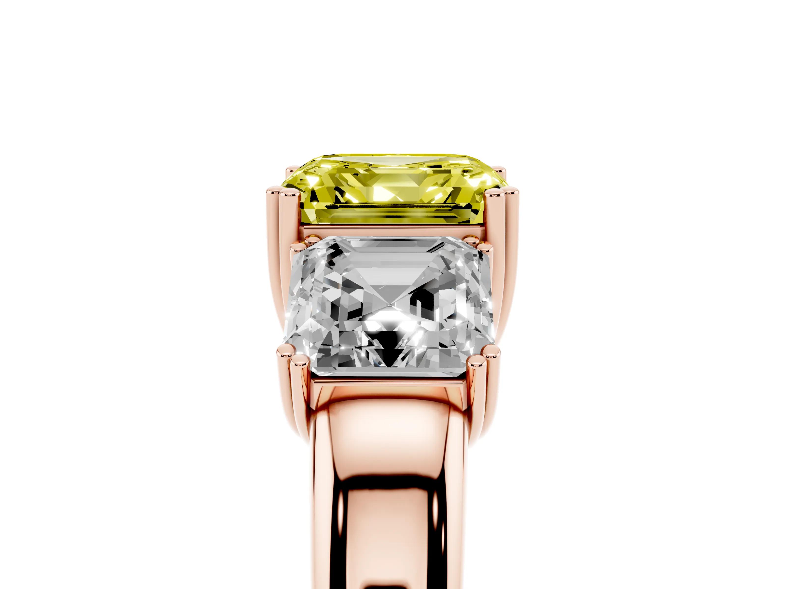 Fancy Yellow Asscher Cut Diamond Three-Stone Ring Set in Rose gold with Polished Band and Prong Setting