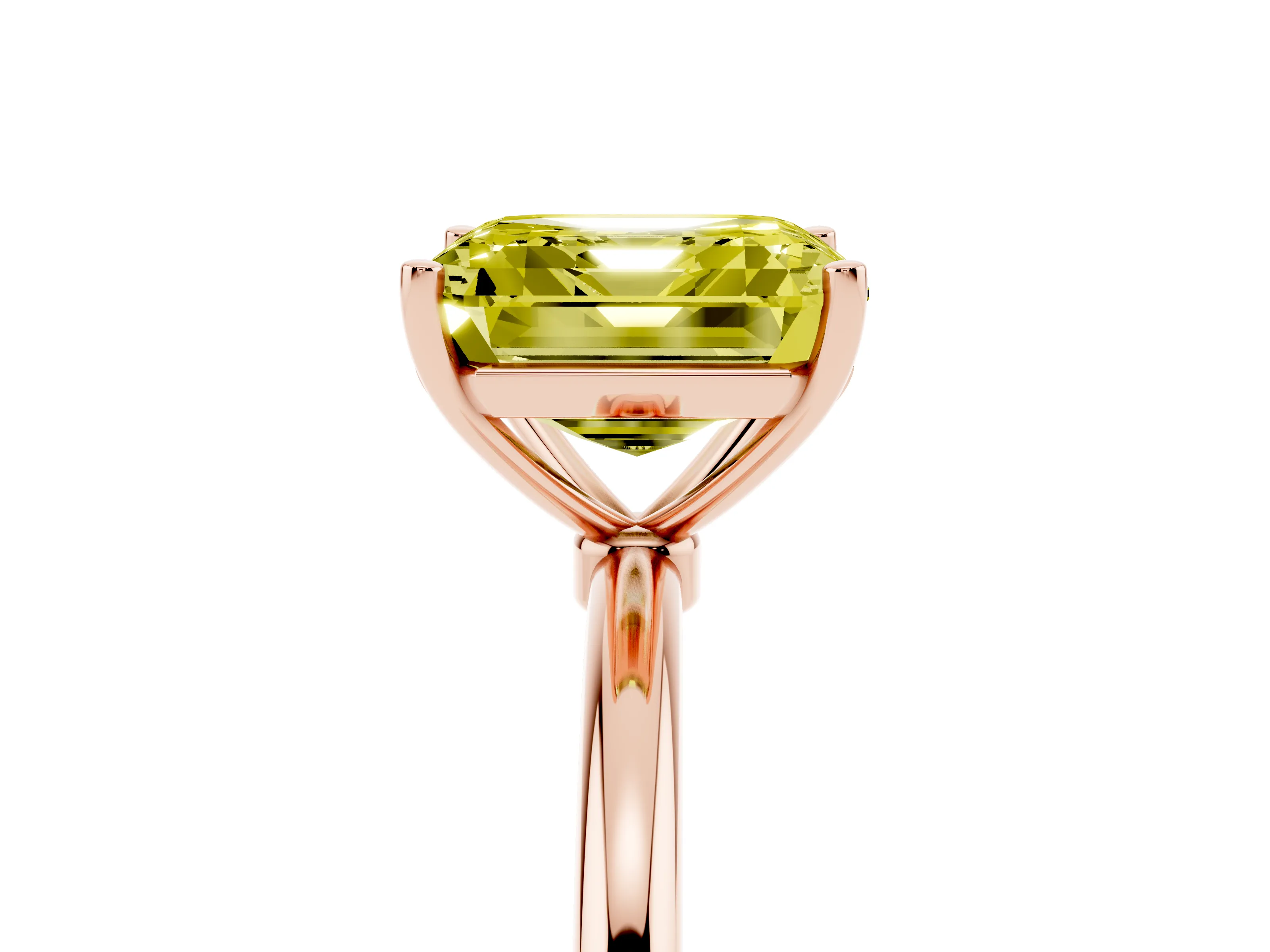 Fancy Yellow Asscher Cut Diamond Solitaire Engagement Ring Set in Rose gold with Thin Band and Prong Setting