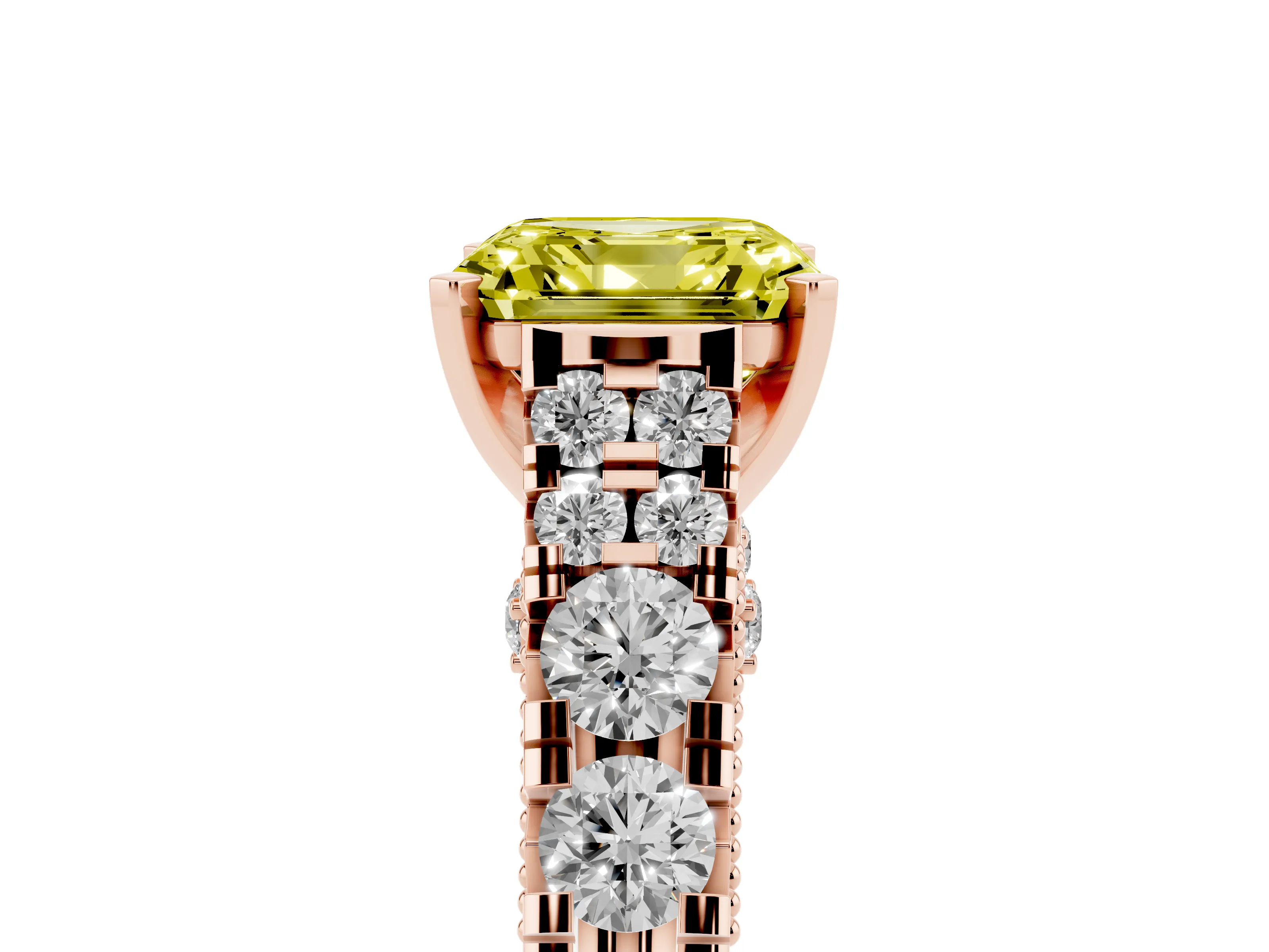 Fancy Yellow Asscher Cut Diamond Classic Solitaire Ring Set in Rose gold with Pavé Band and Prong Setting
