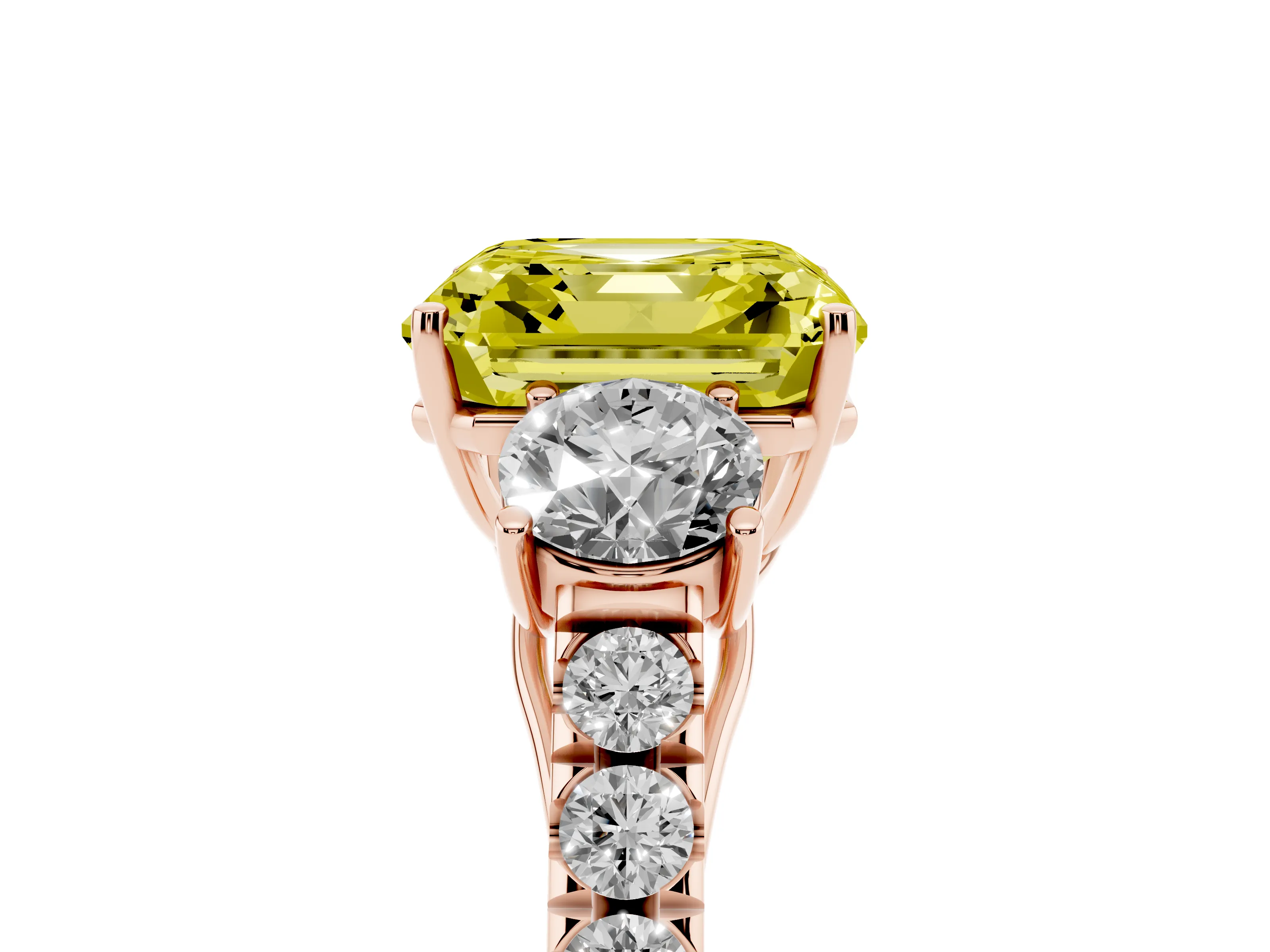 Fancy Yellow Asscher Cut Diamond Three-Stone Ring Set in Rose gold with Round Side Stones and Delicate Pavé Band