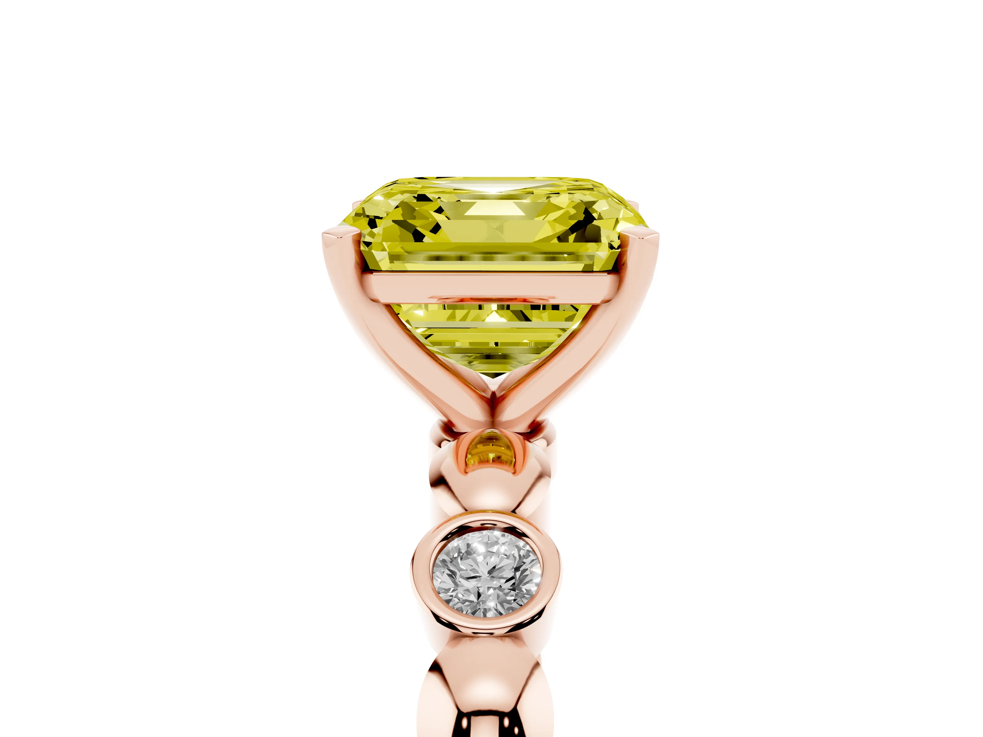 Fancy Yellow Asscher Cut Diamond Solitaire Ring Set in Rose gold with Bezel-Set Accents on Beaded Band and Prong Setting