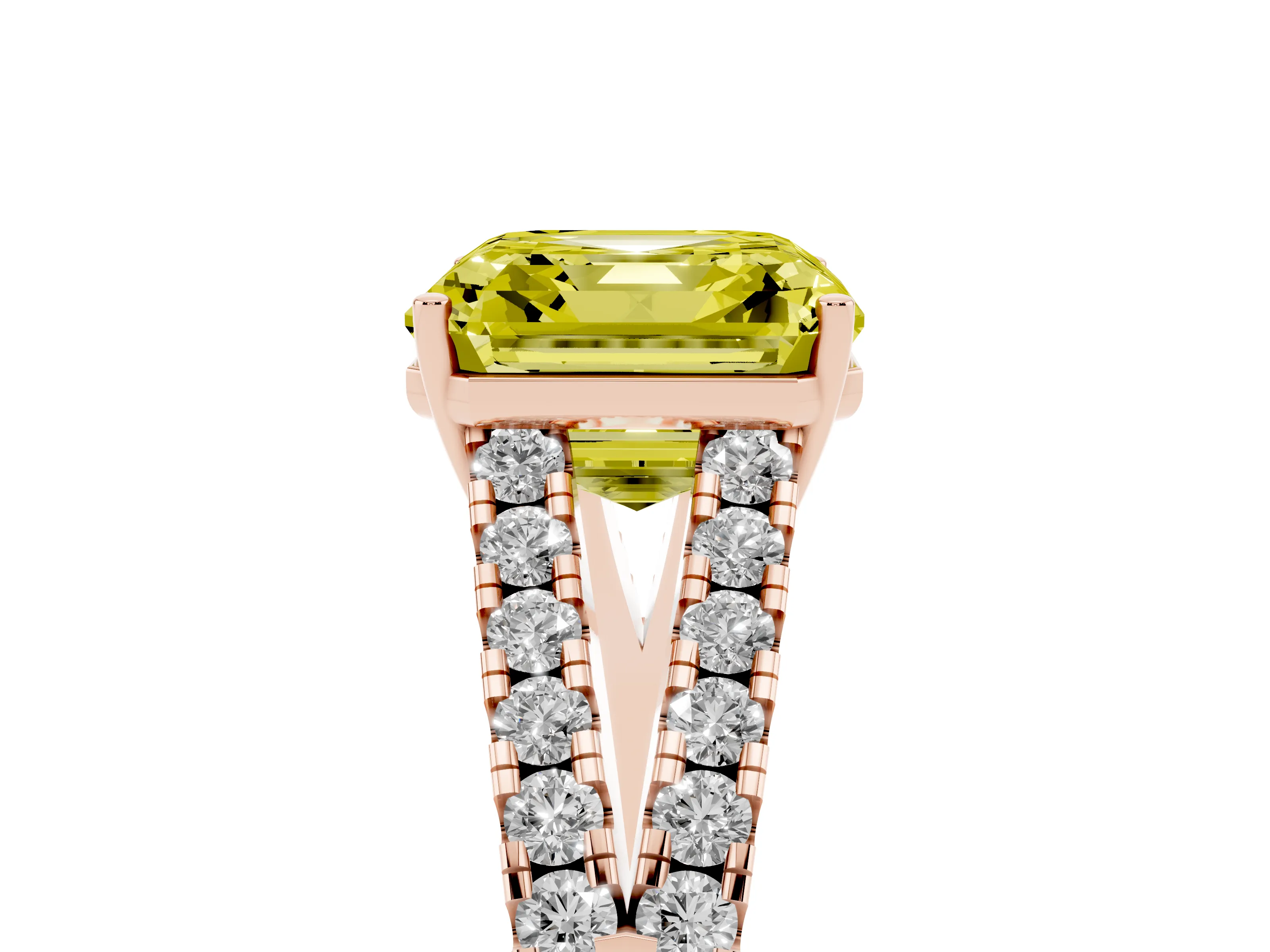 Fancy Yellow Asscher Cut Diamond Split Shank Engagement Ring Set in Rose gold with Round Pavé and Prong Setting