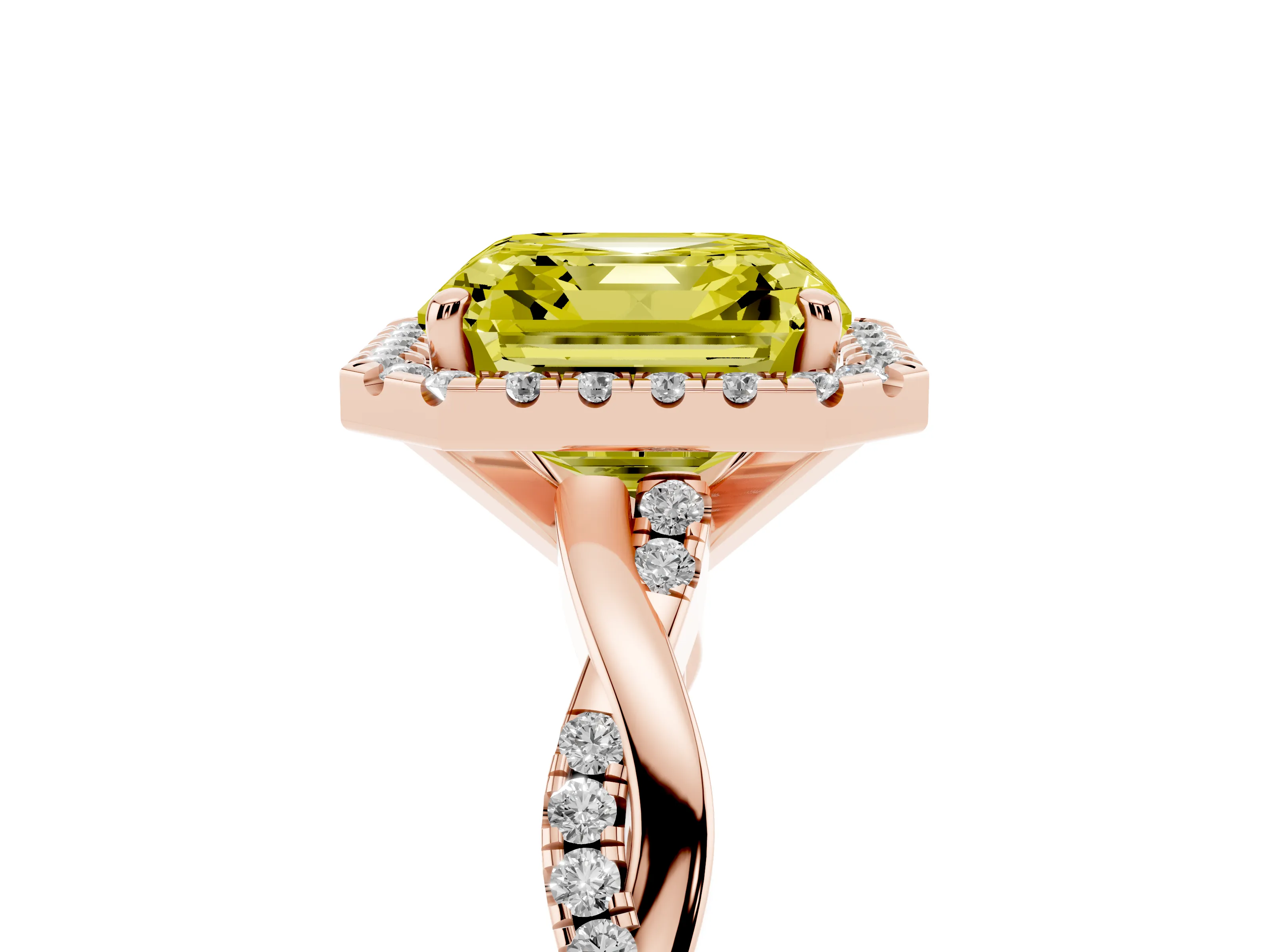 Fancy Yellow Asscher Cut Diamond Halo Twisted Band Ring Set in Rose gold with Prong Setting