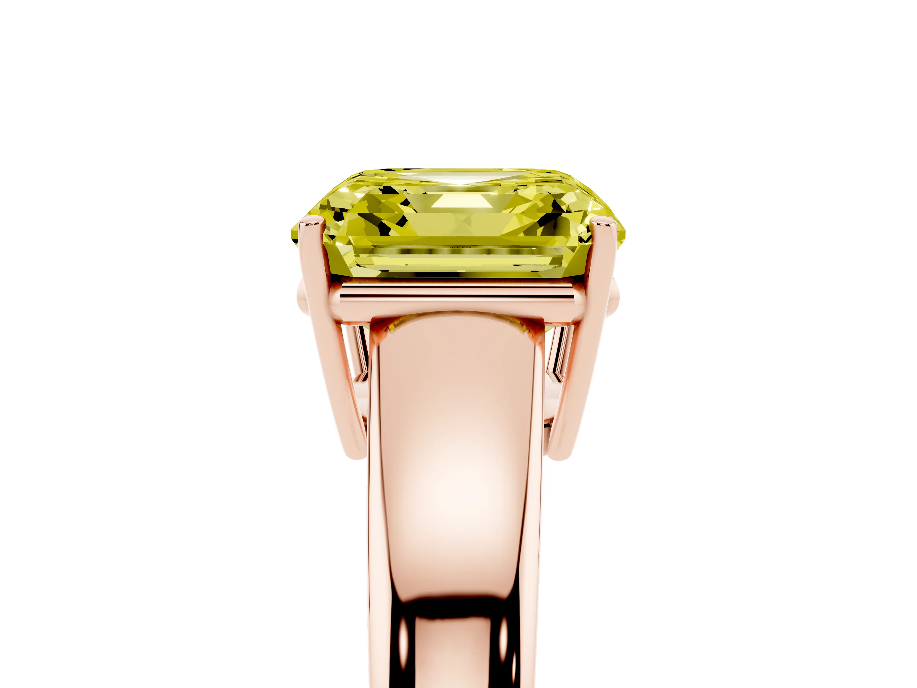 Fancy Yellow Asscher Cut Diamond Solitaire Ring Set in Rose gold with Tapered Band and Prong Setting