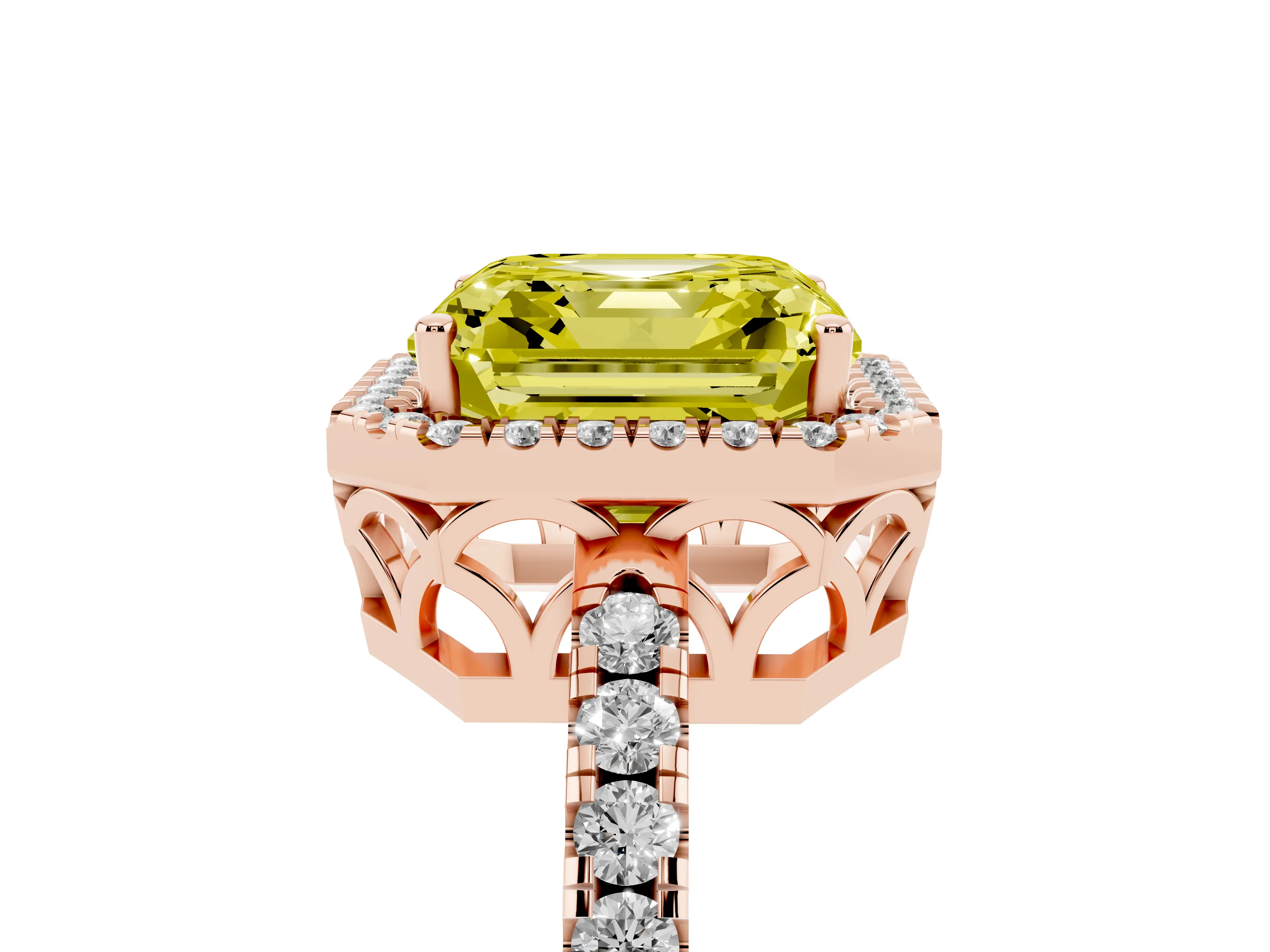 Fancy Yellow Asscher Cut Diamond Pavé Band Halo Engagement Ring Set in Rose gold with Prong Setting