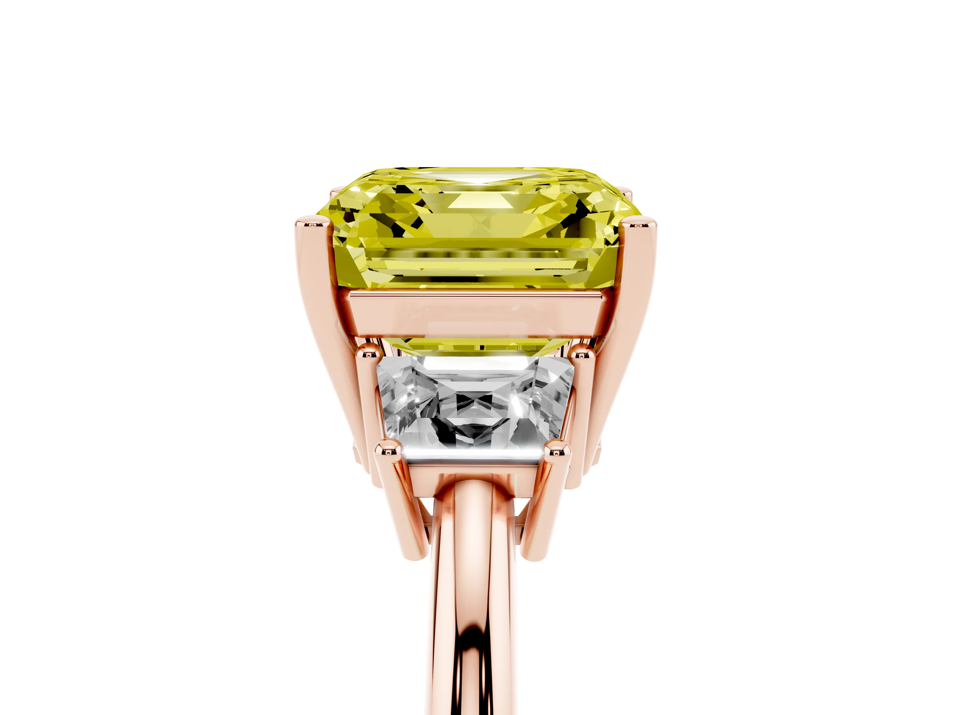 Fancy Yellow Asscher Cut Diamond Three-Stone Ring Set in Rose gold with Trapezoid Side Stones and Prong Setting
