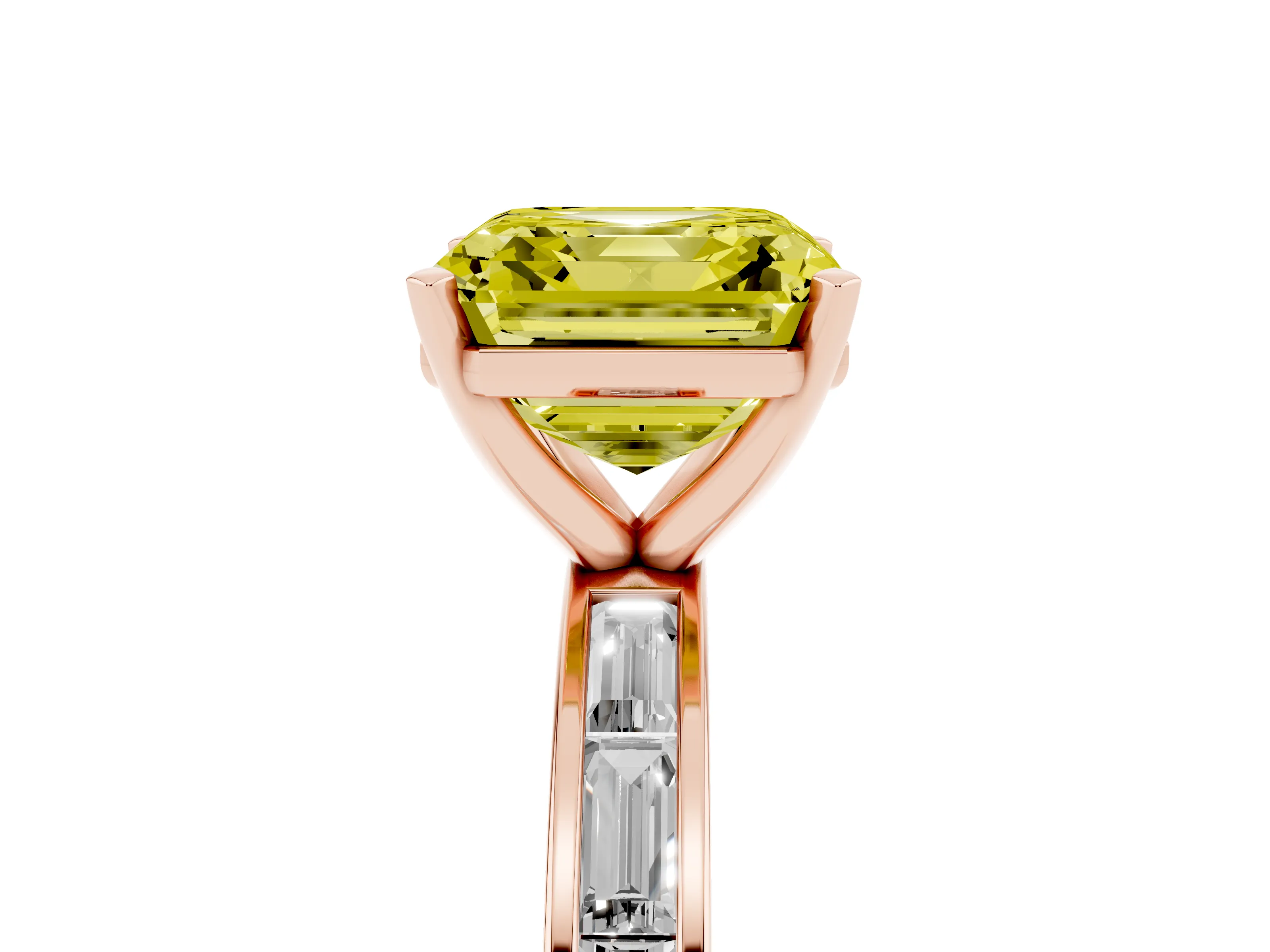 Fancy Yellow Asscher Cut Diamond Solitaire Ring Set in Rose gold with Channel-Set Baguette Band and Prong Setting