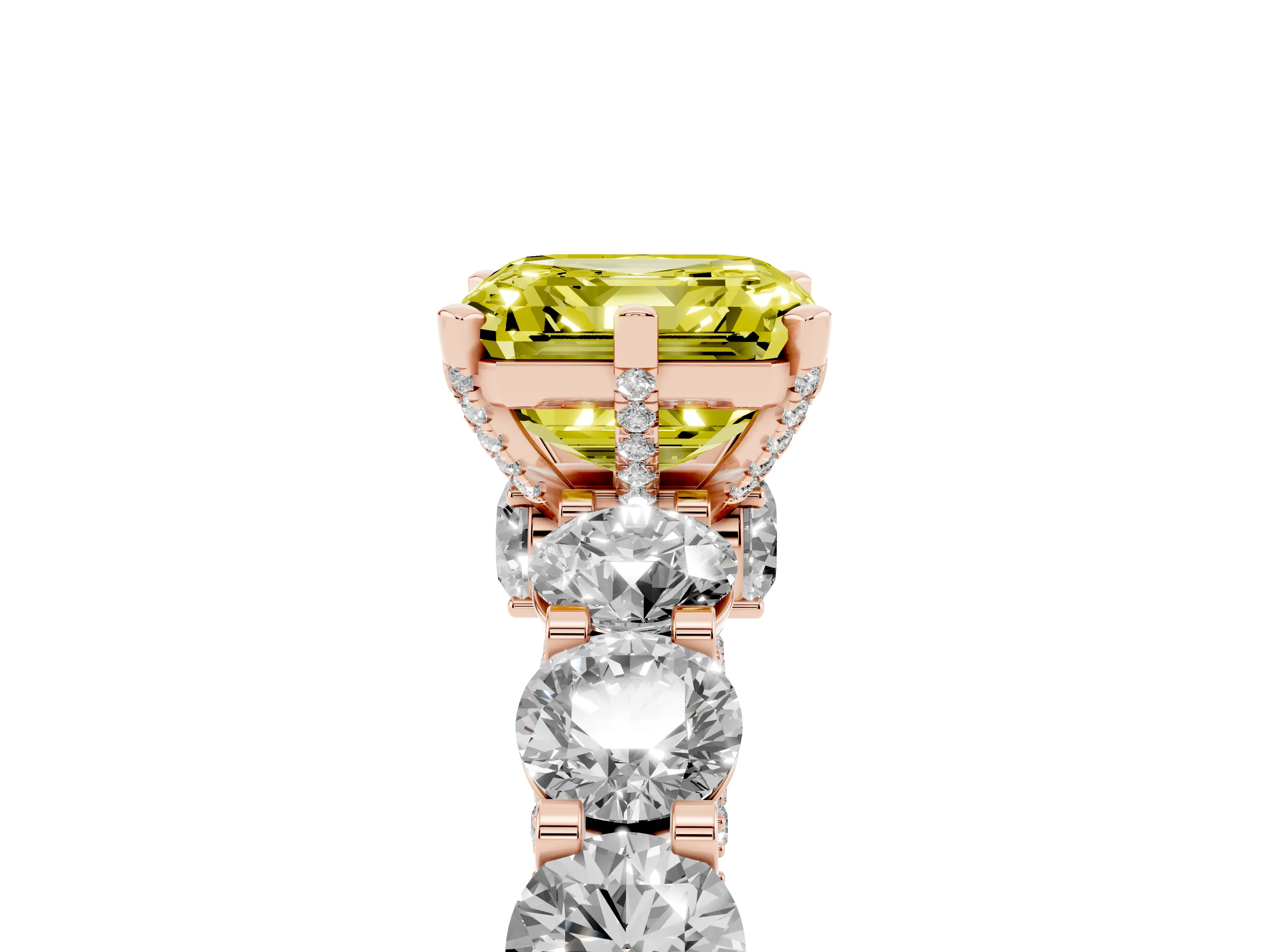 Fancy Yellow Asscher Cut Diamond Side Stone Ring Set in Rose gold with Alternating Round and Oval Side Stones