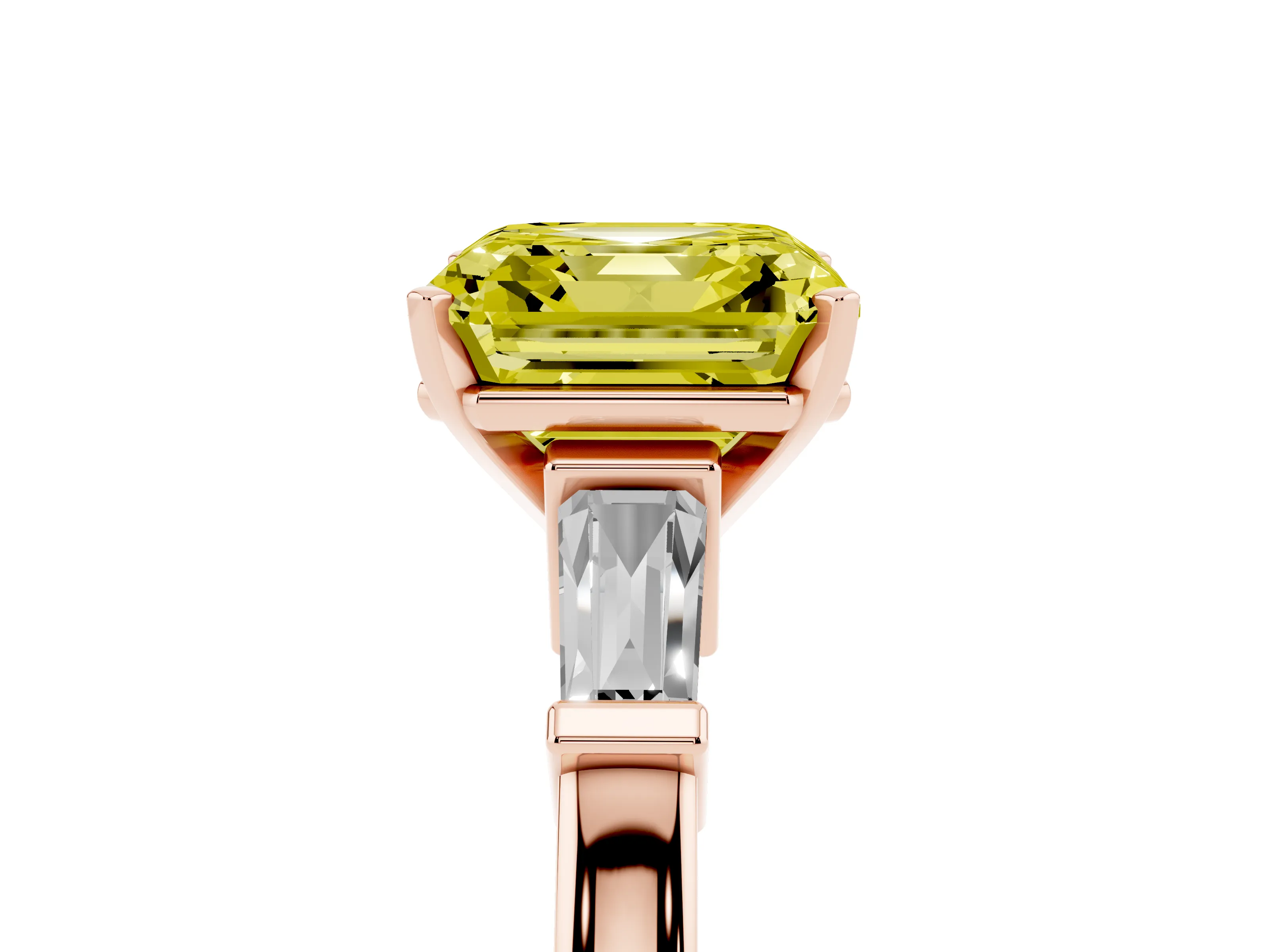 Fancy Yellow Asscher Cut Diamond Solitaire Ring Set in Rose gold with Tapered Baguette Accents and Prong Setting