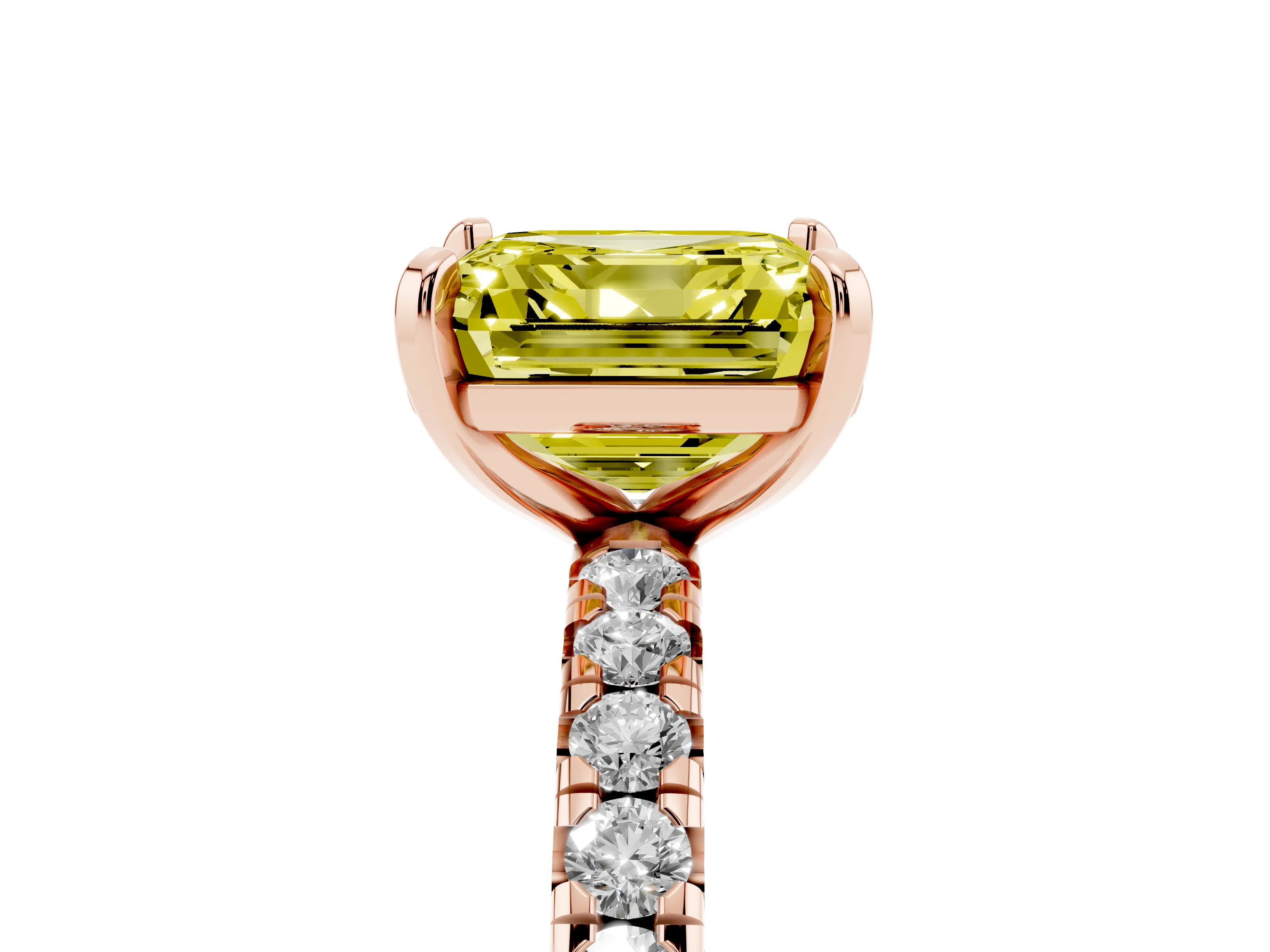 Fancy Yellow Asscher Cut Diamond Pavé Solitaire Ring Set in Rose gold with Round Band and Prong Setting