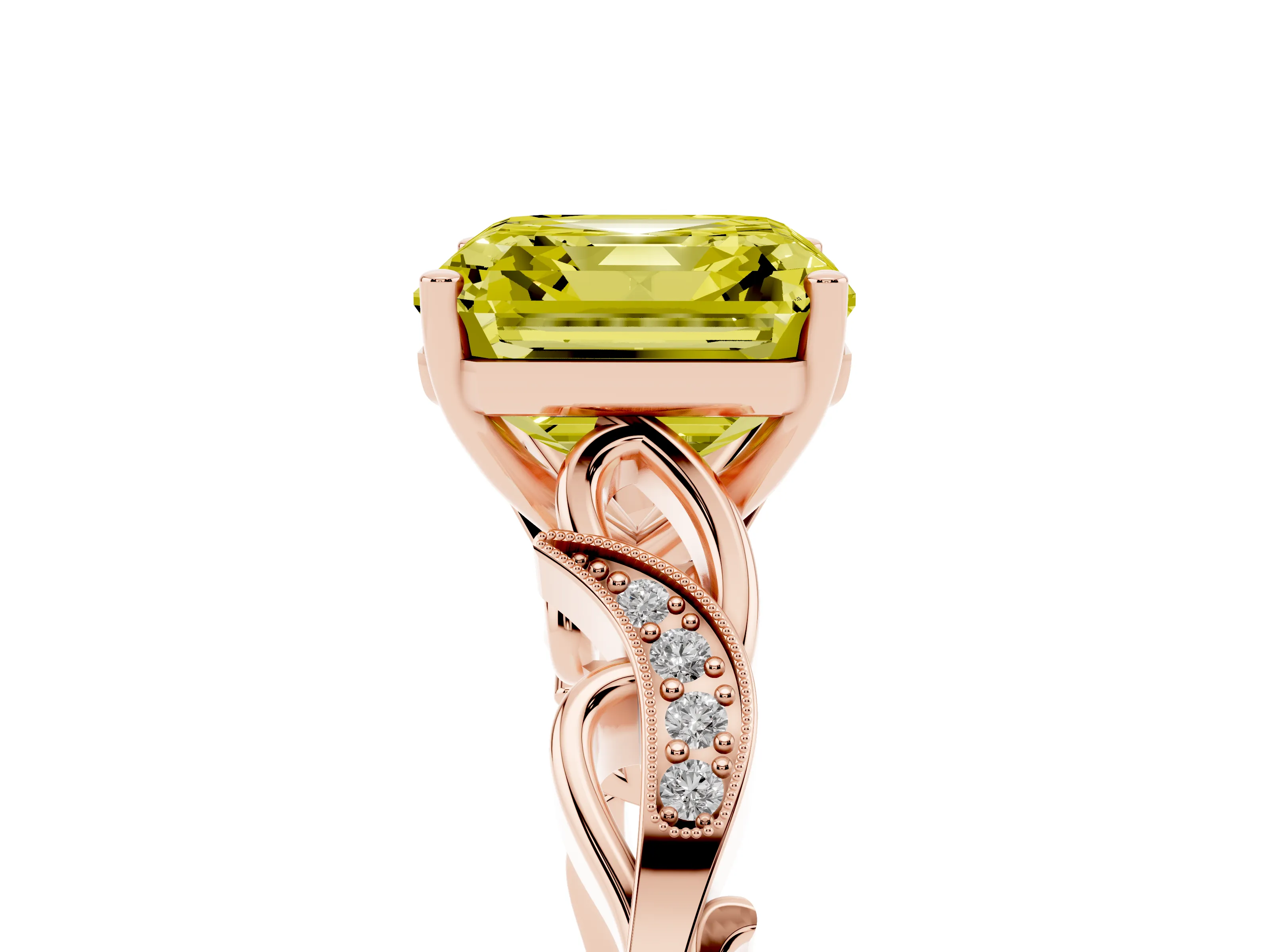Fancy Yellow Asscher Cut Diamond Vine Band Solitaire Ring Set in Rose gold with Milgrain Prong Setting