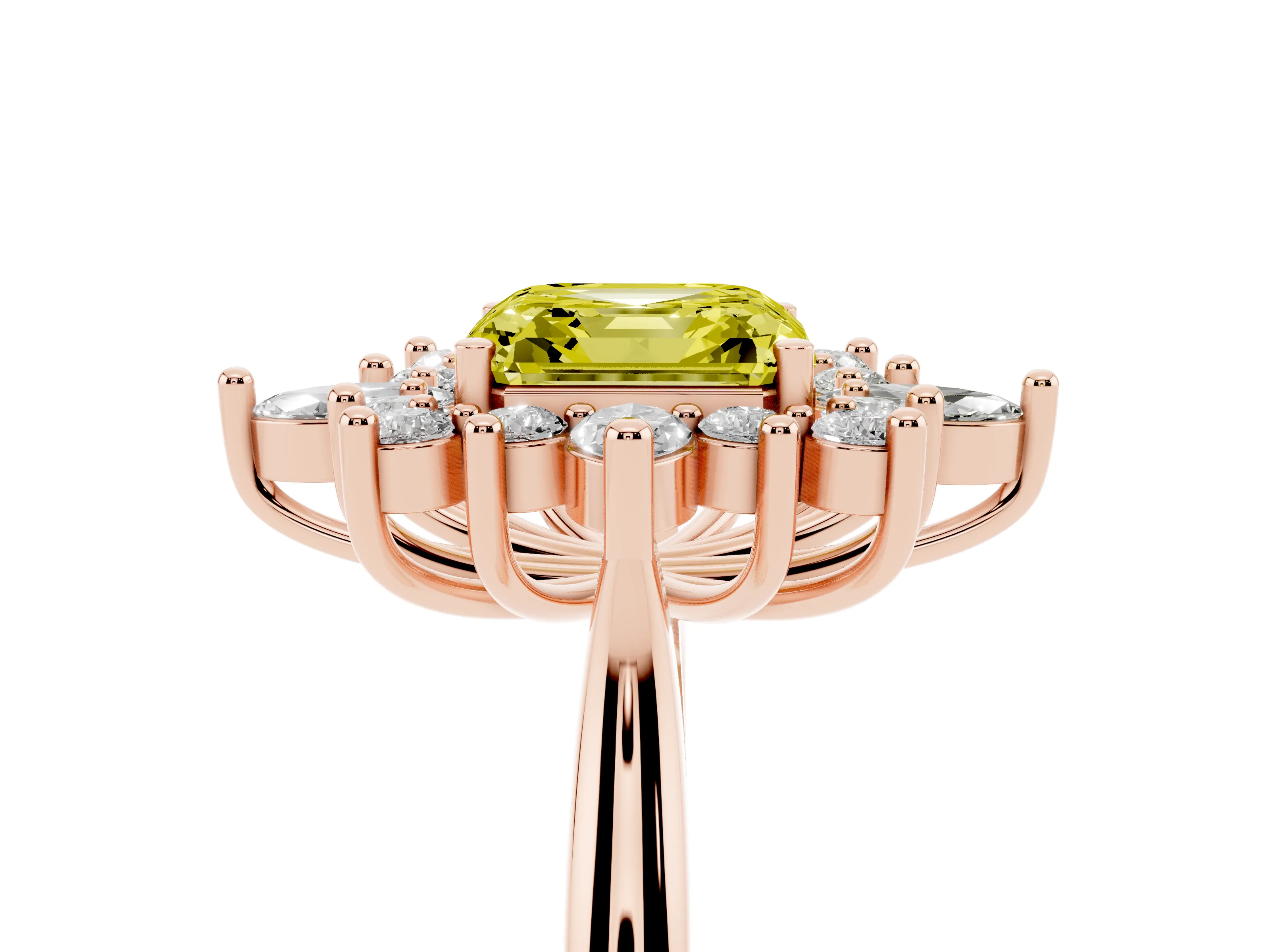 Fancy Yellow Asscher Cut Diamond Cluster Halo Ring Set in Rose gold with Marquise and Round Accents