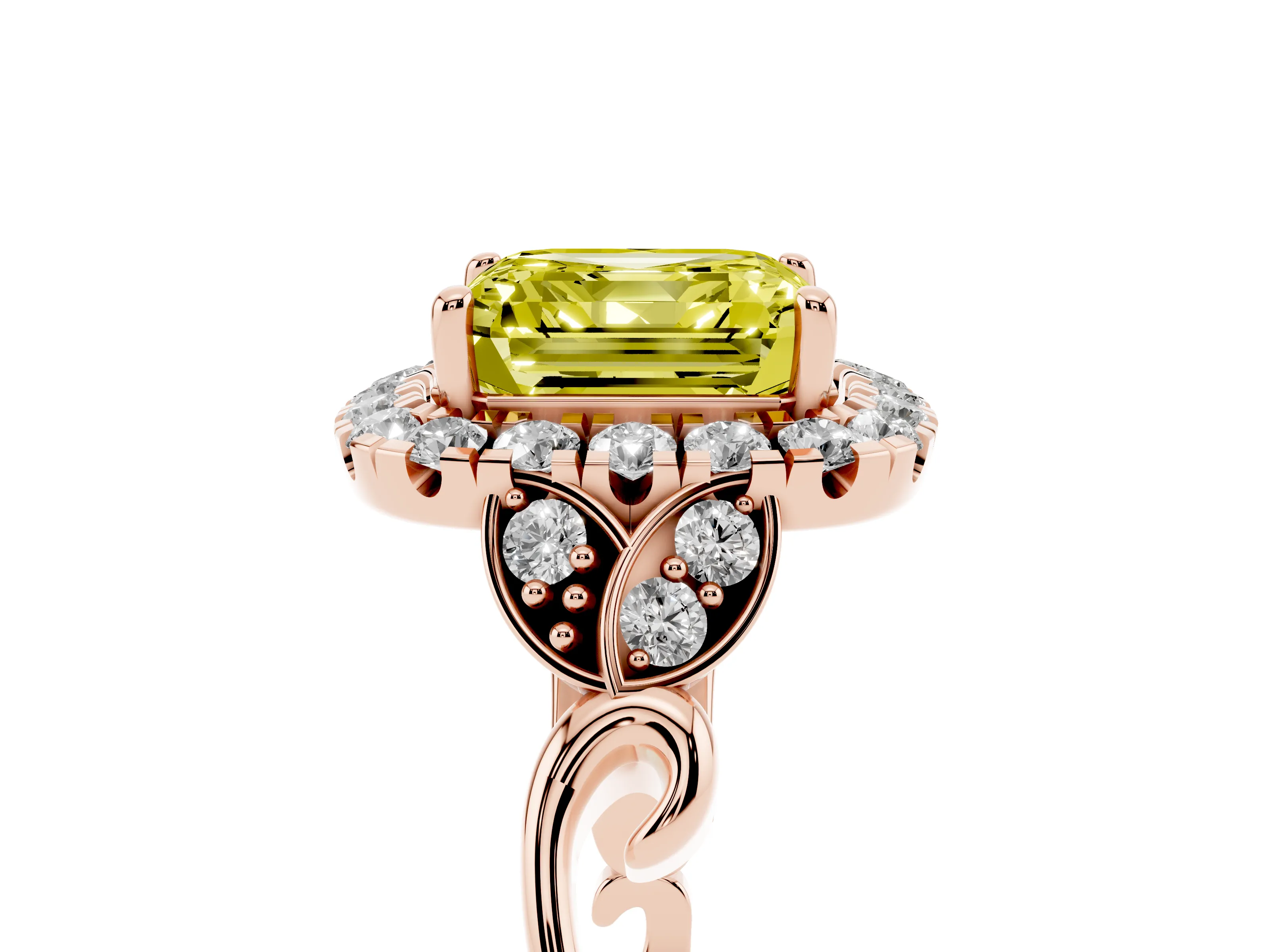 Fancy Yellow Asscher Cut Diamond Halo Engagement Ring Set in Rose gold with Vintage-Inspired Band and Prong Setting