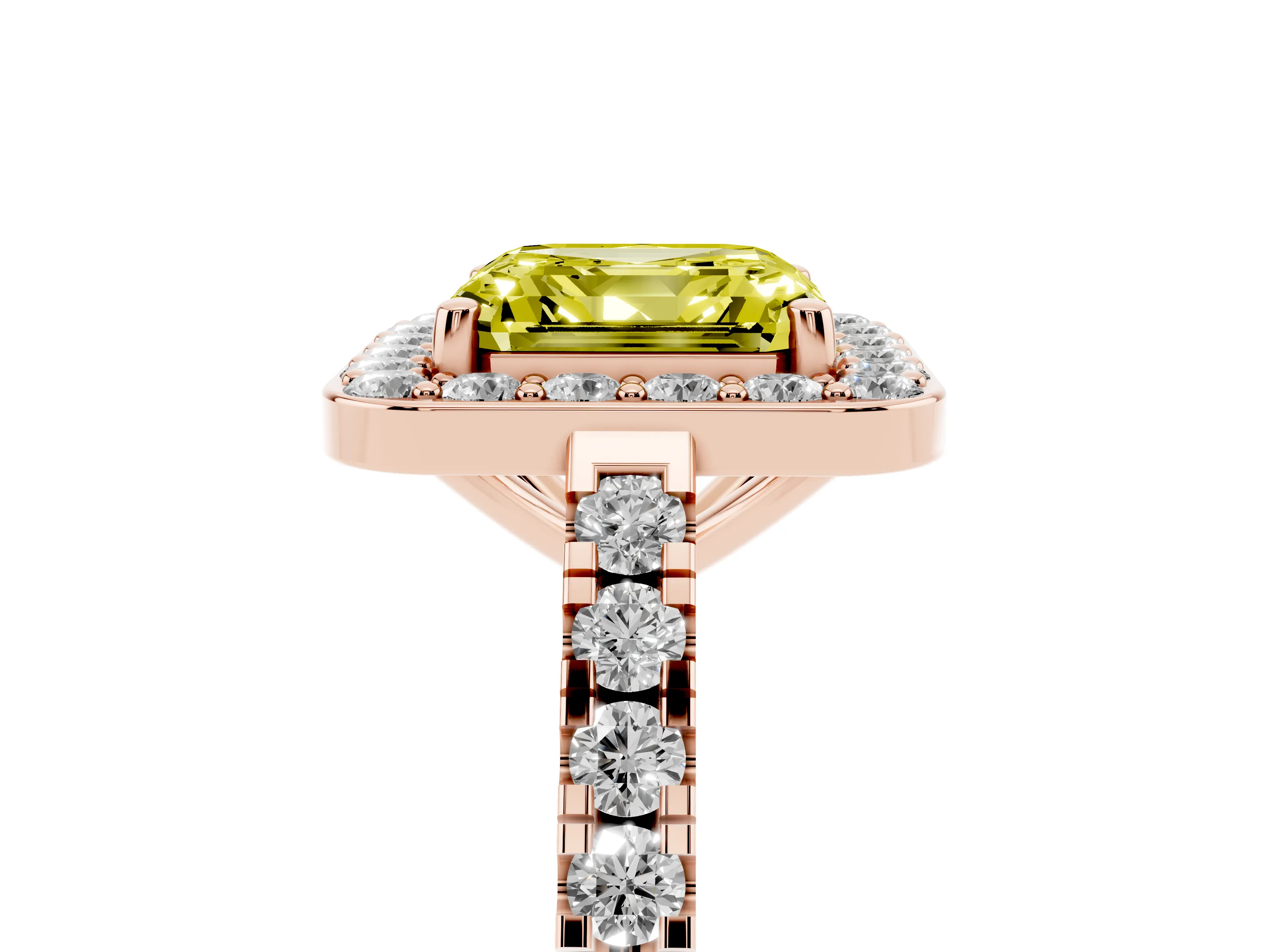Fancy Yellow Asscher Cut Diamond Halo Ring Set in Rose gold with Round Pavé Split Shank and Prong Setting