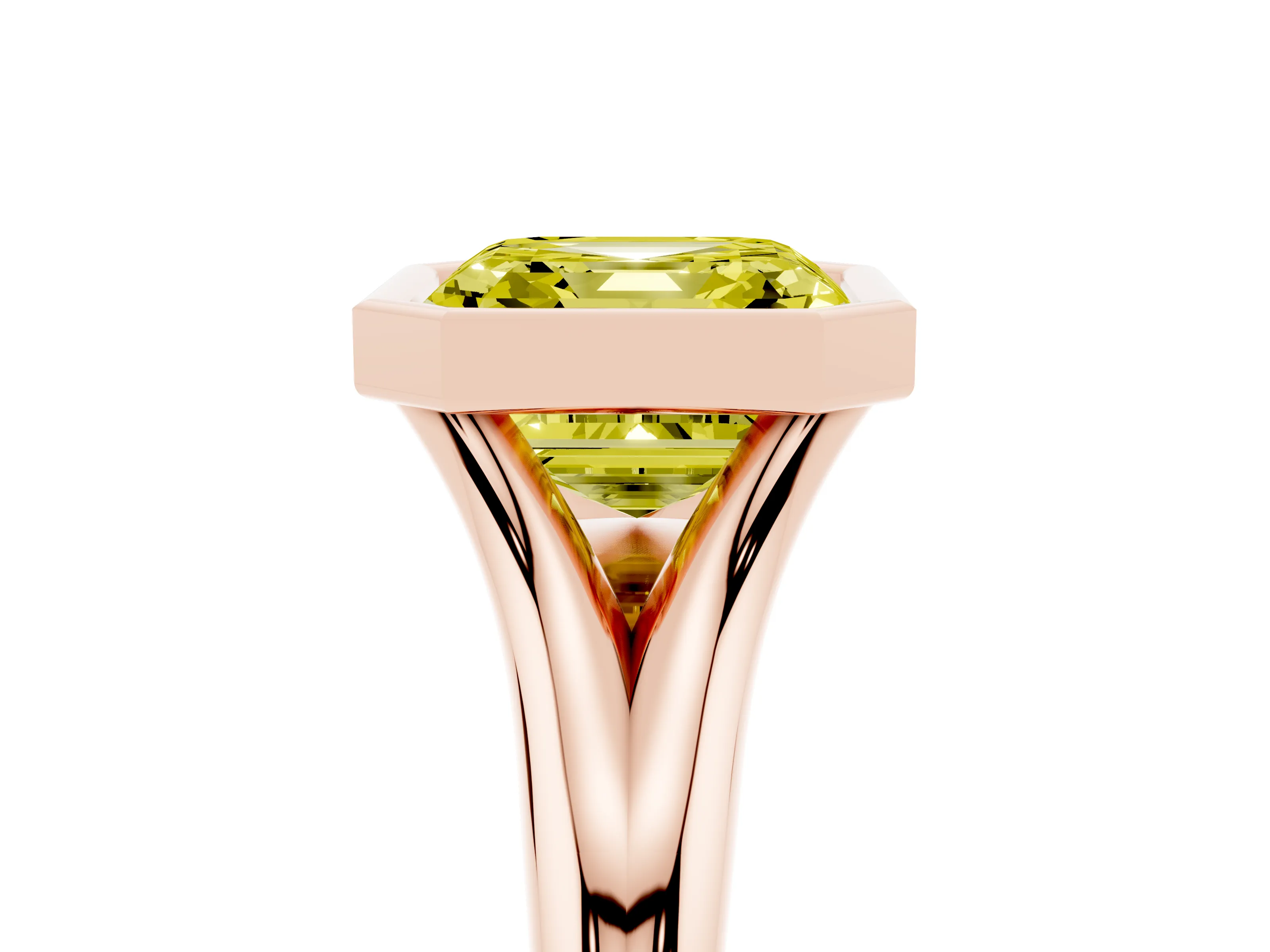 Fancy Yellow Bezel Set Asscher Cut Diamond Solitaire Ring Set in Rose gold with Smooth Band