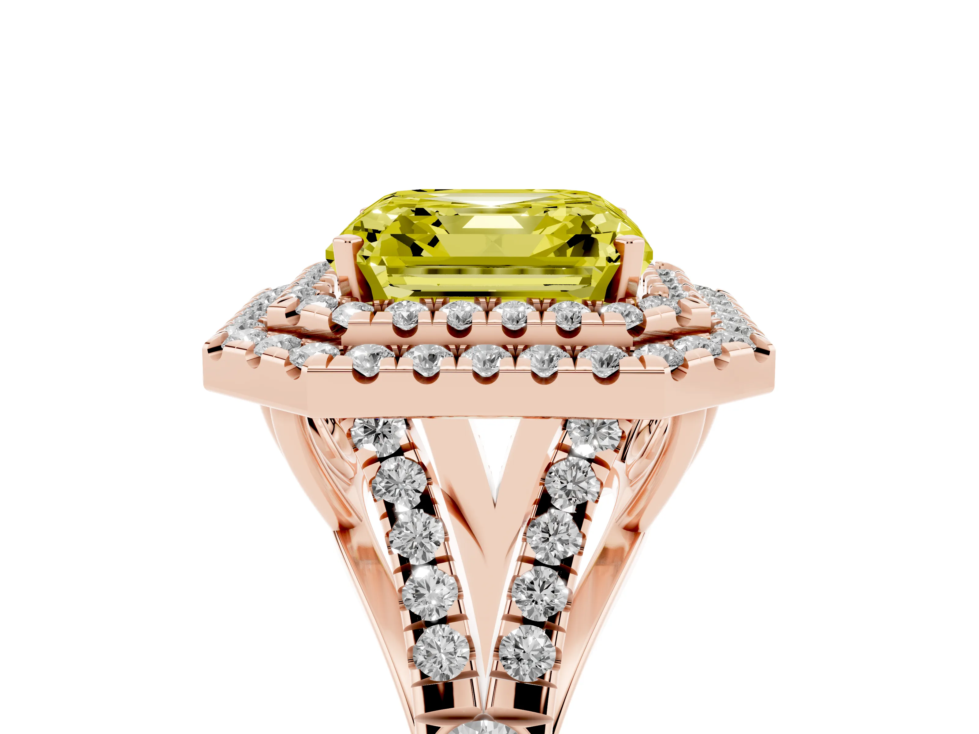 Fancy Yellow Asscher Cut Diamond Pavé Split Shank Double Halo Engagement Ring Set in Rose gold