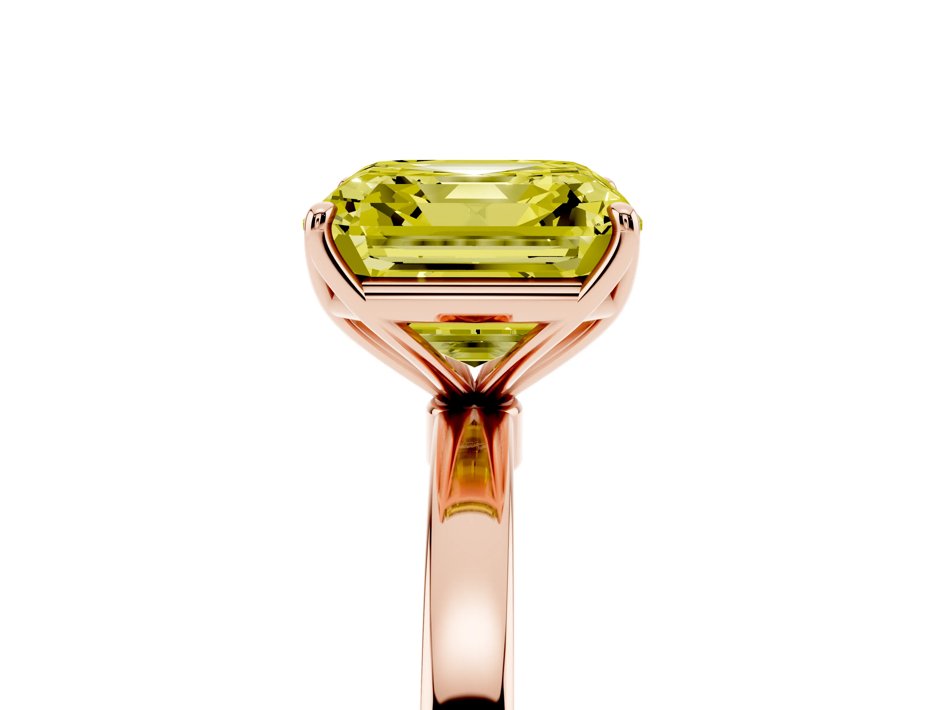 Fancy Yellow Asscher Cut Diamond Solitaire Ring Set in Rose gold with Prong Setting and Thin Polished Band