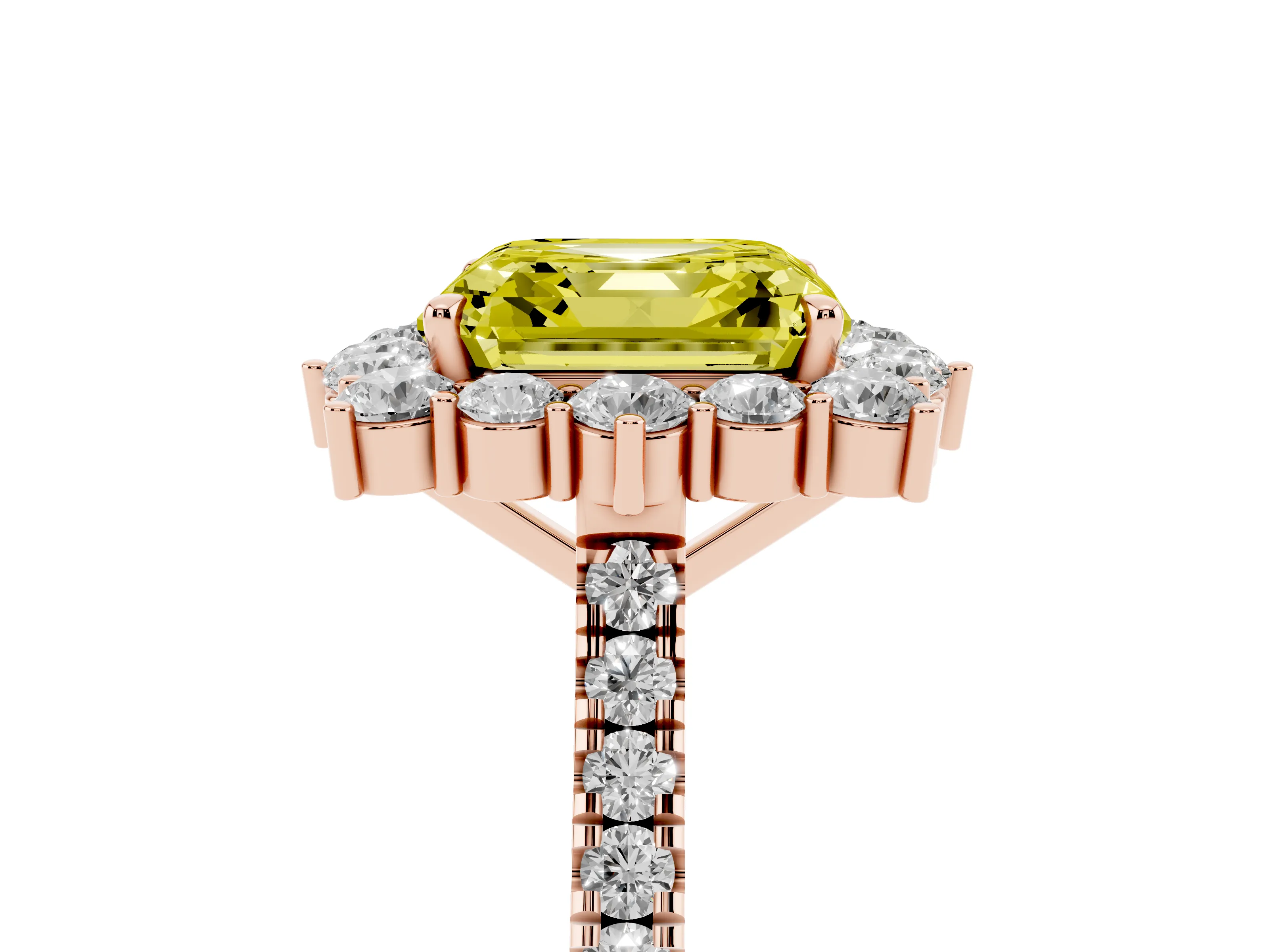 Fancy Yellow Asscher Cut Diamond Halo Ring Set in Rose gold with Pavé Band and Prong Setting