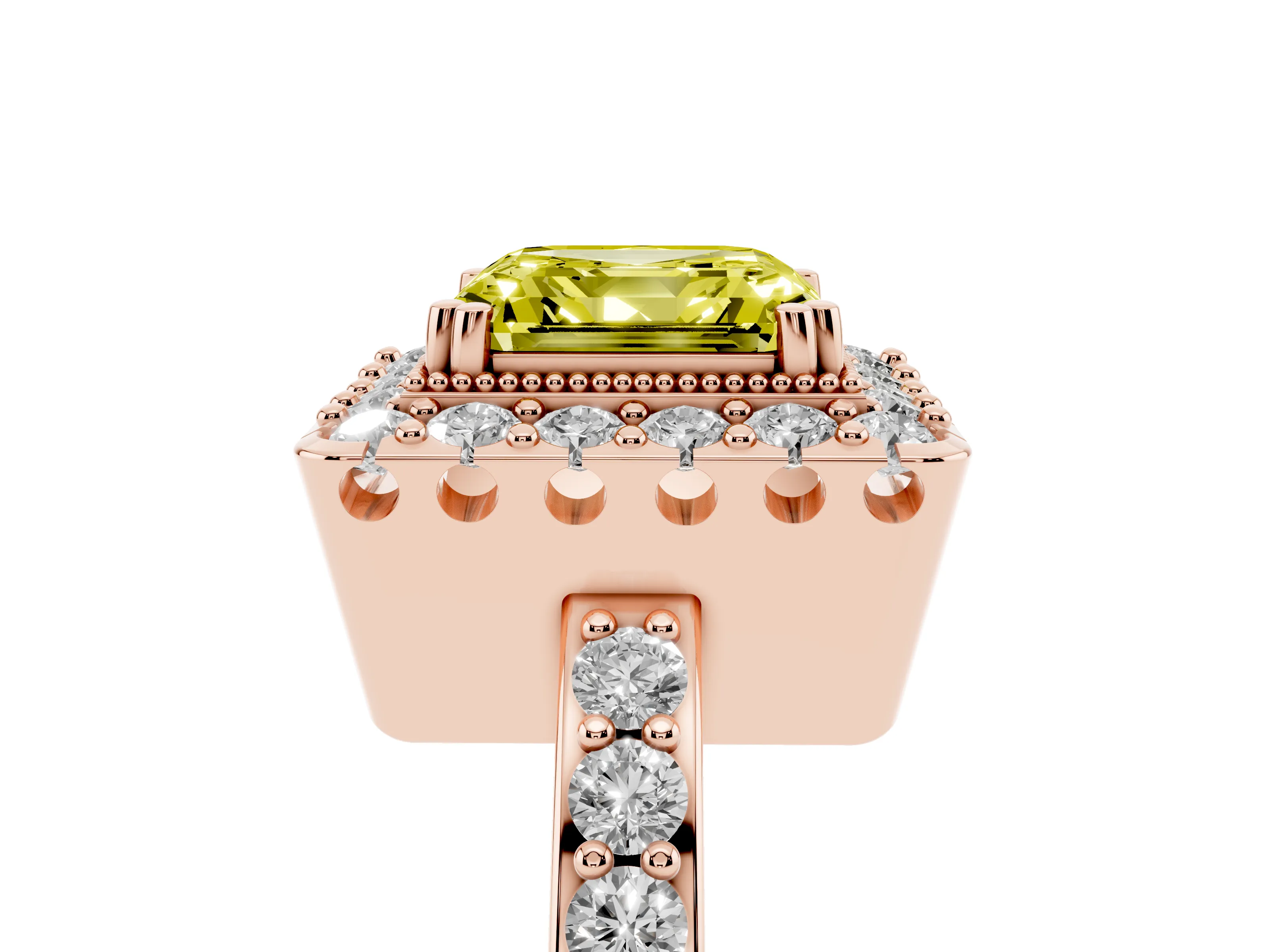 Fancy Yellow Asscher Cut Diamond Halo Ring Set in Rose gold with Pavé Shank and Prong Setting