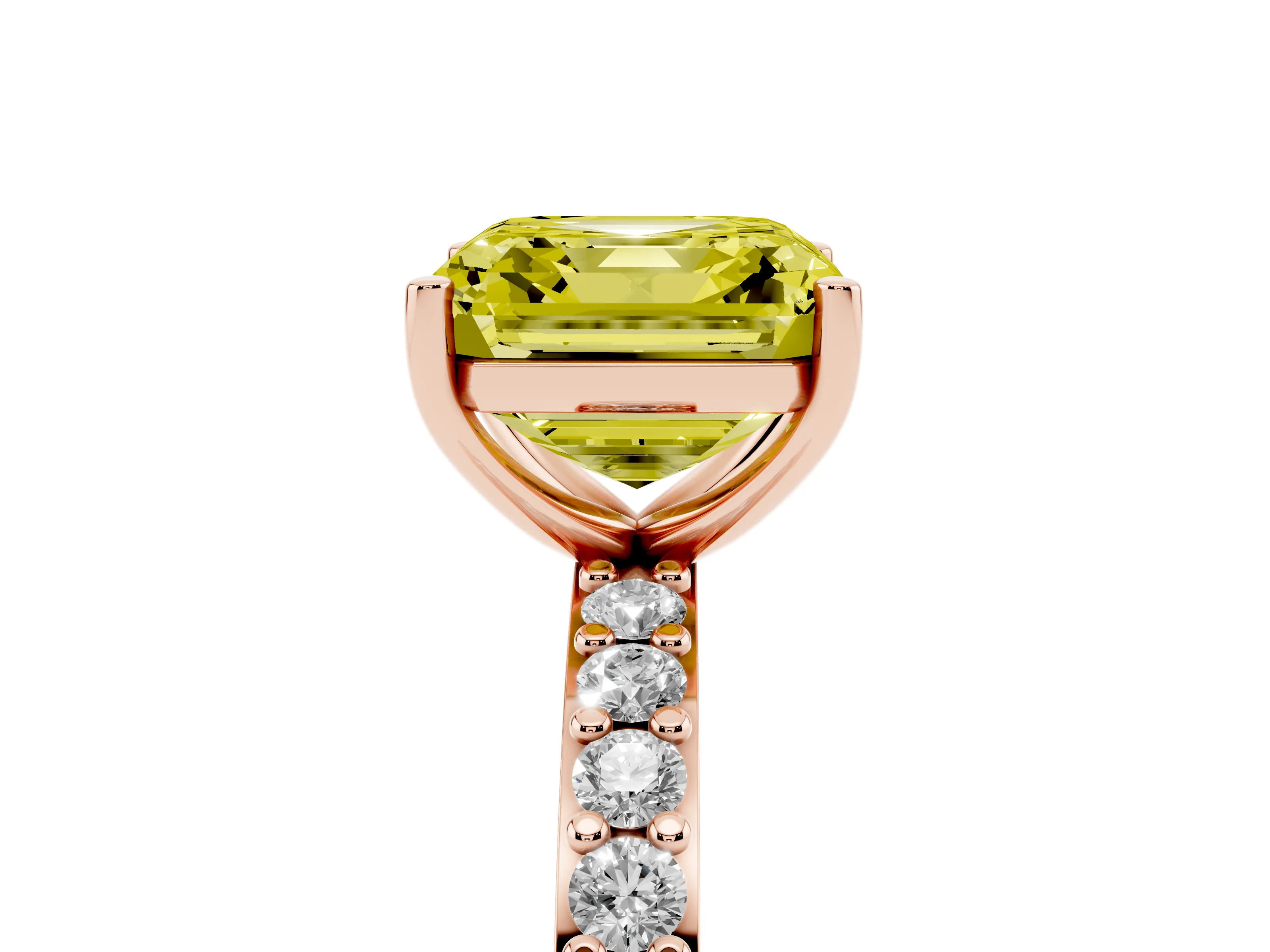 Fancy Yellow Asscher Cut Diamond Solitaire Set in Rose gold with Round Pavé Band and Prong Setting
