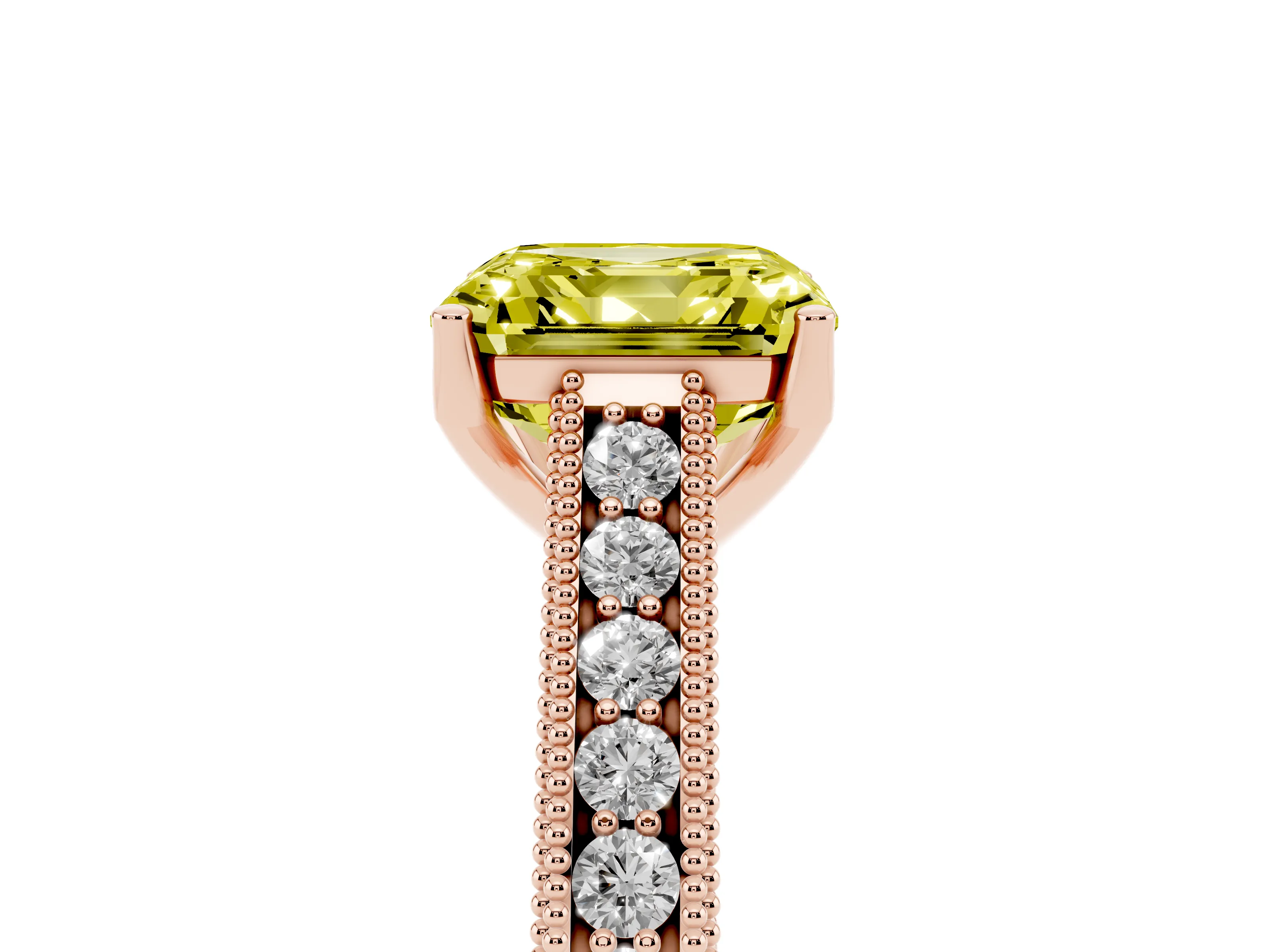 Fancy Yellow Asscher Cut Diamond Milgrain Pavé Band Solitaire Ring Set in Rose gold with Prong Setting