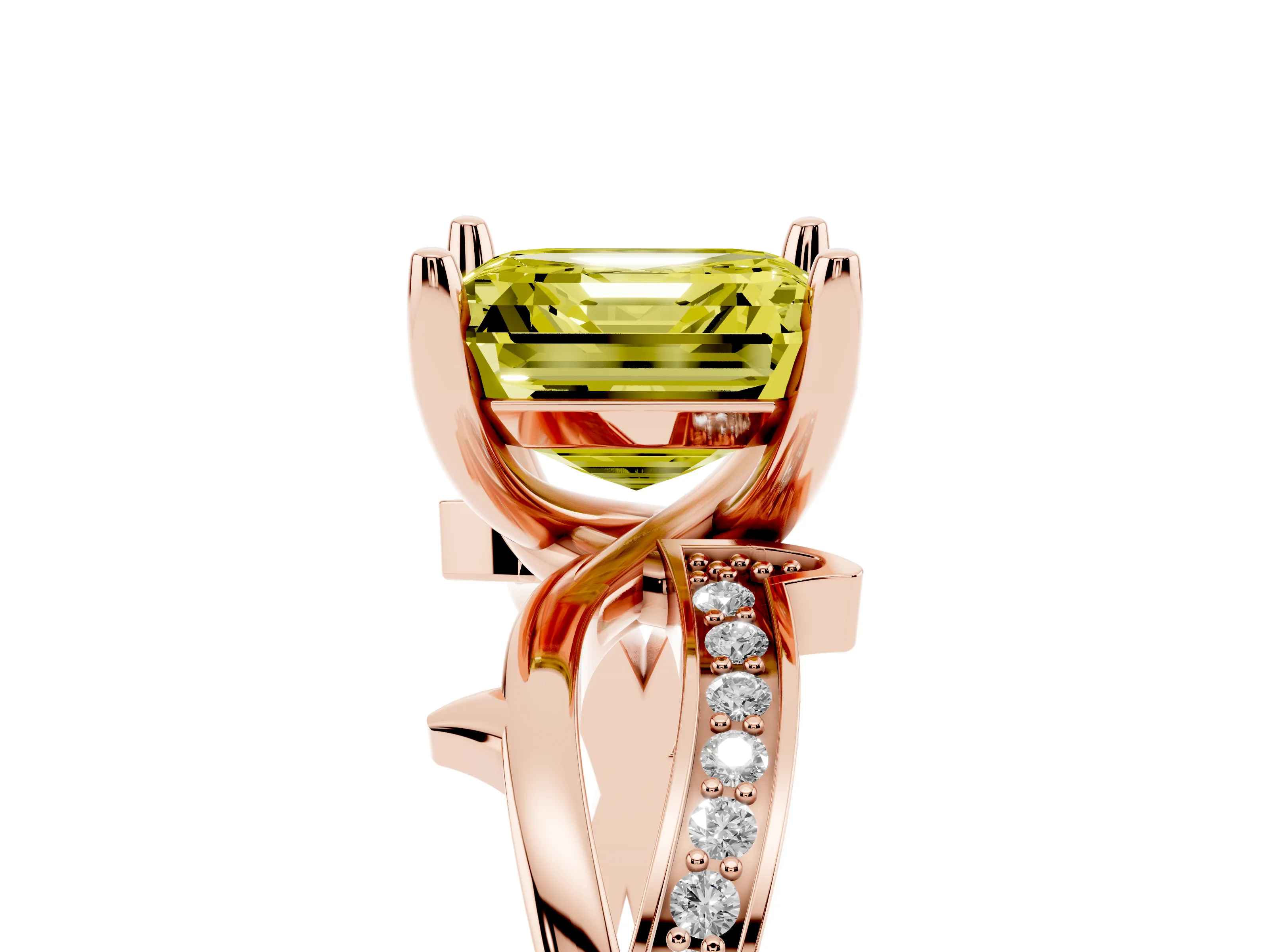 Fancy Yellow Asscher Cut Diamond Pavé Twist Band Solitaire Ring Set in Rose gold with Prong Setting