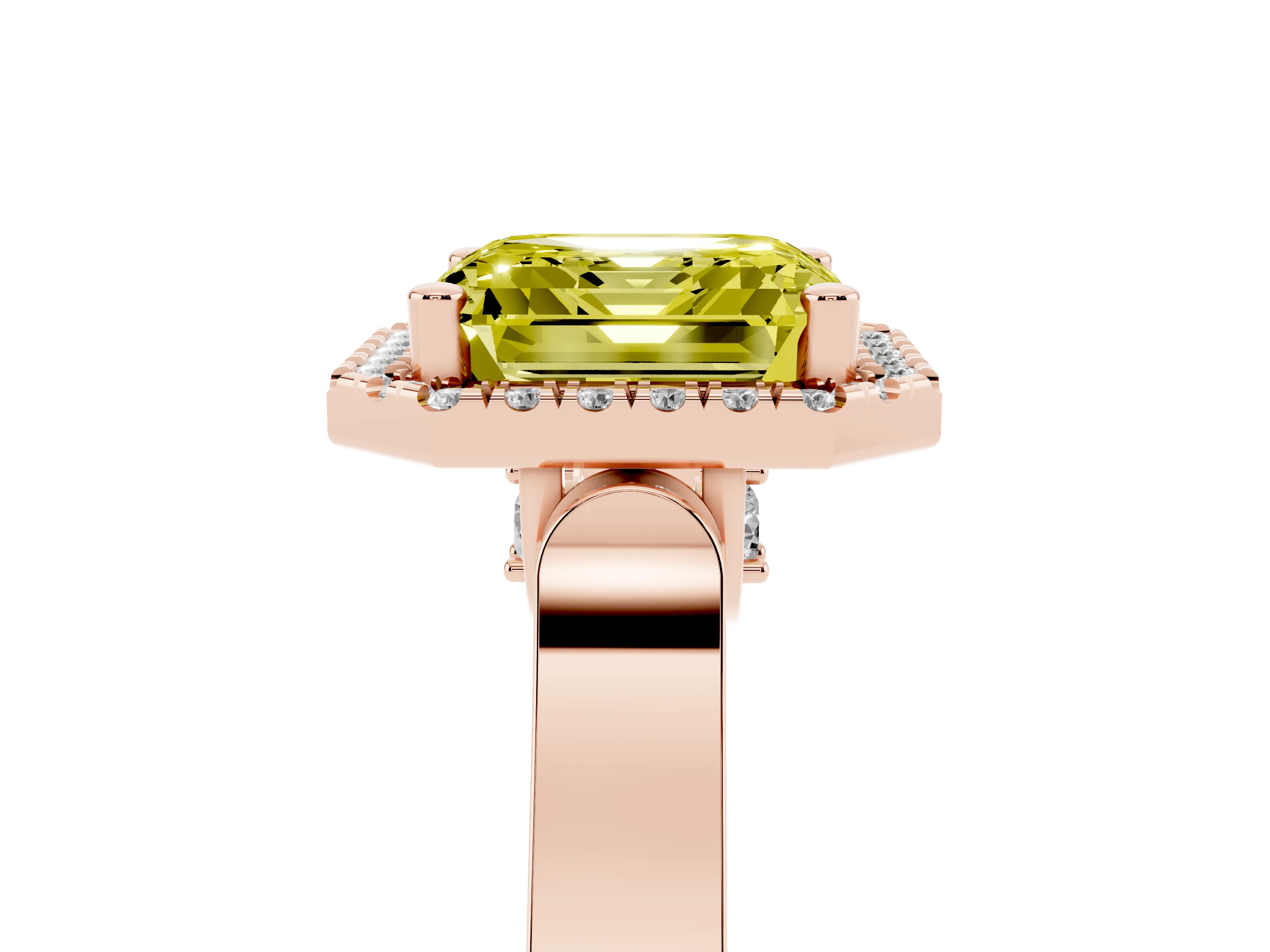 Fancy Yellow Asscher Cut Diamond Halo Ring Set in Rose gold with Pavé-Lined Split Shank Band