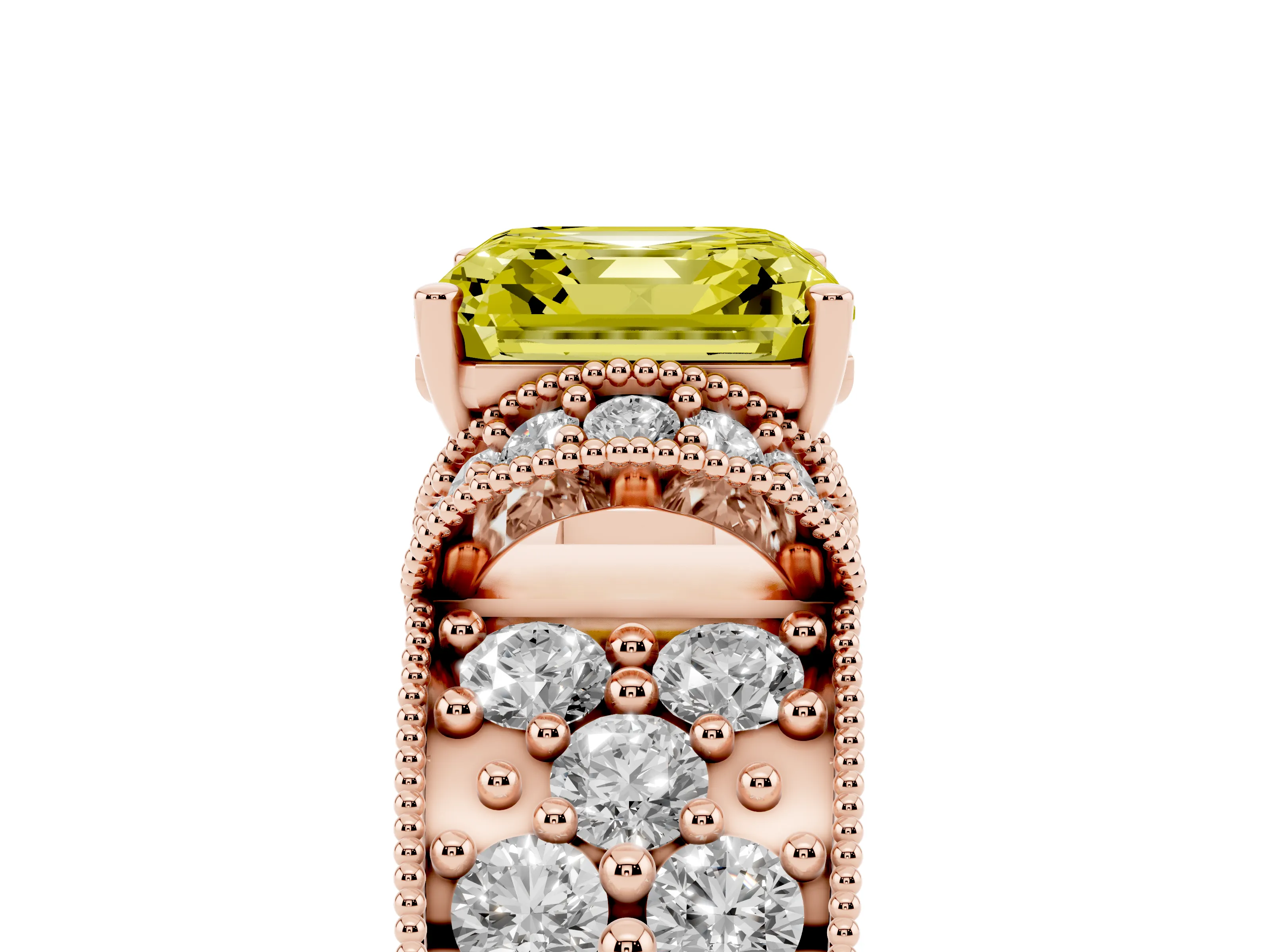 Fancy Yellow Asscher Cut Diamond Milgrain Halo Pavé Engagement Ring Set in Rose gold with Prong Setting