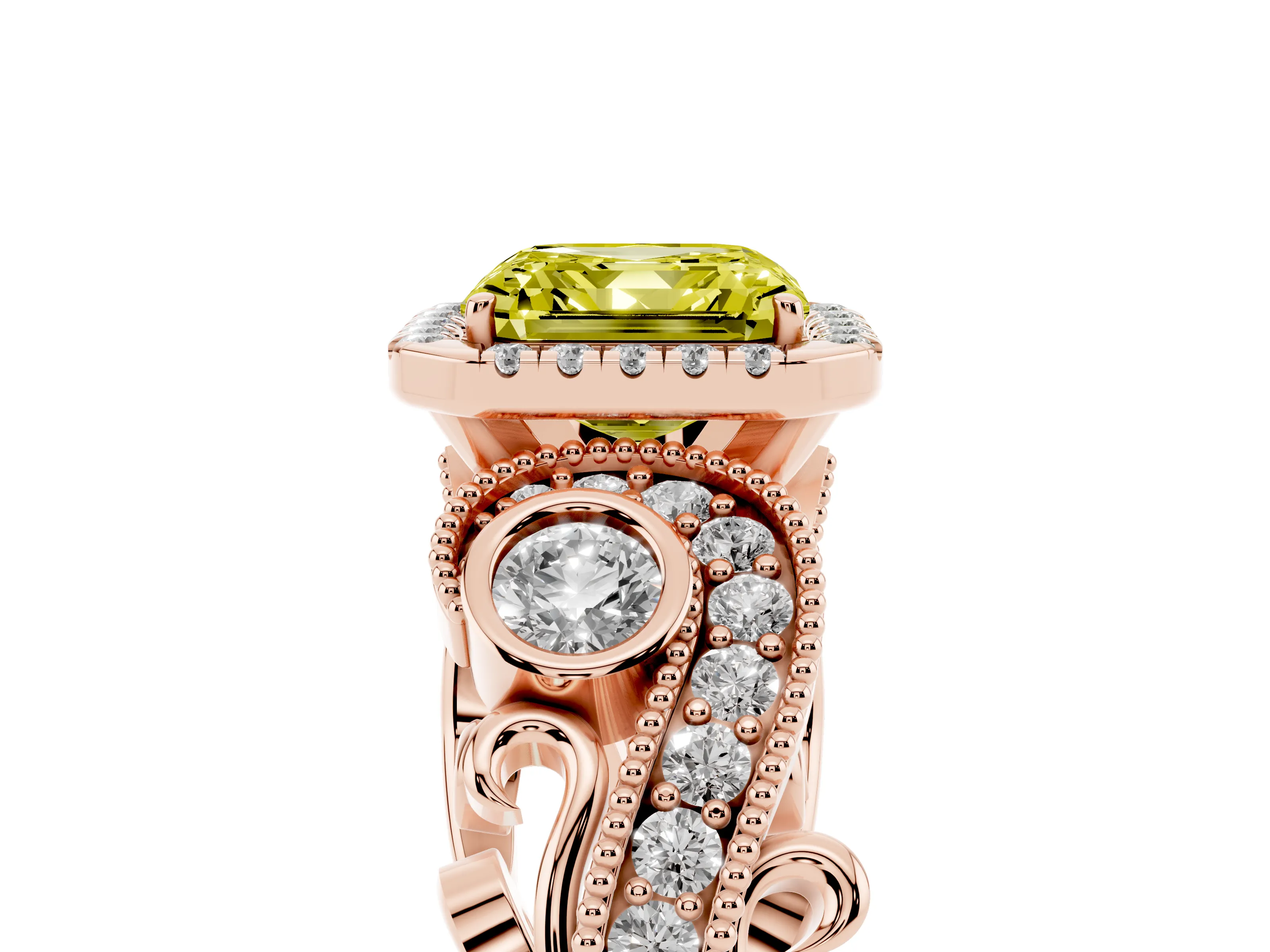 Fancy Yellow Asscher Cut Diamond Halo Ring Set in Rose gold with Milgrain Pavé Band and Prong Setting