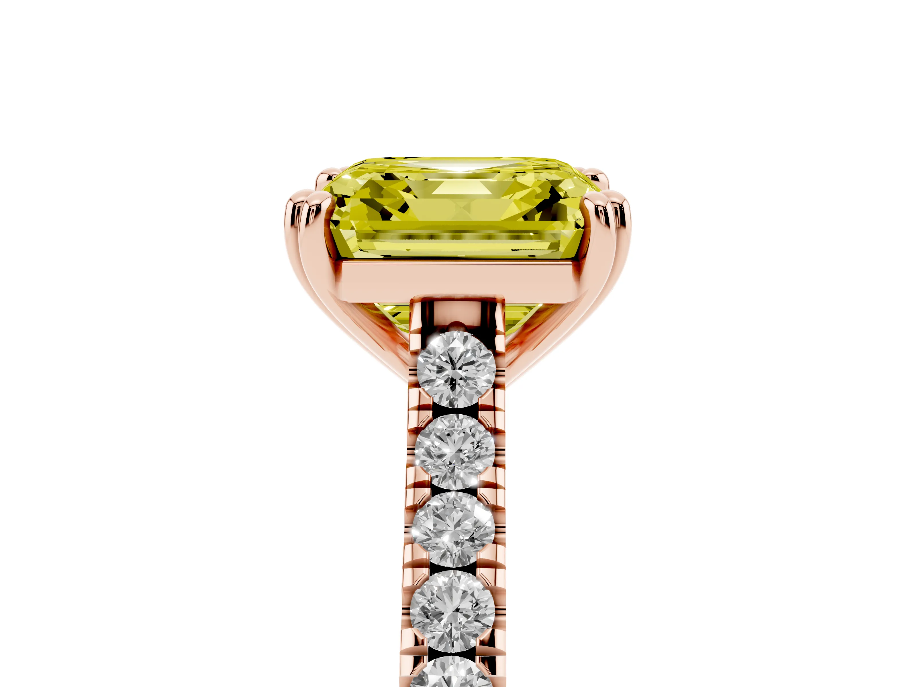 Fancy Yellow Asscher Cut Diamond Solitaire Engagement Ring Set in Rose gold with Pavé Accents and Prong Setting