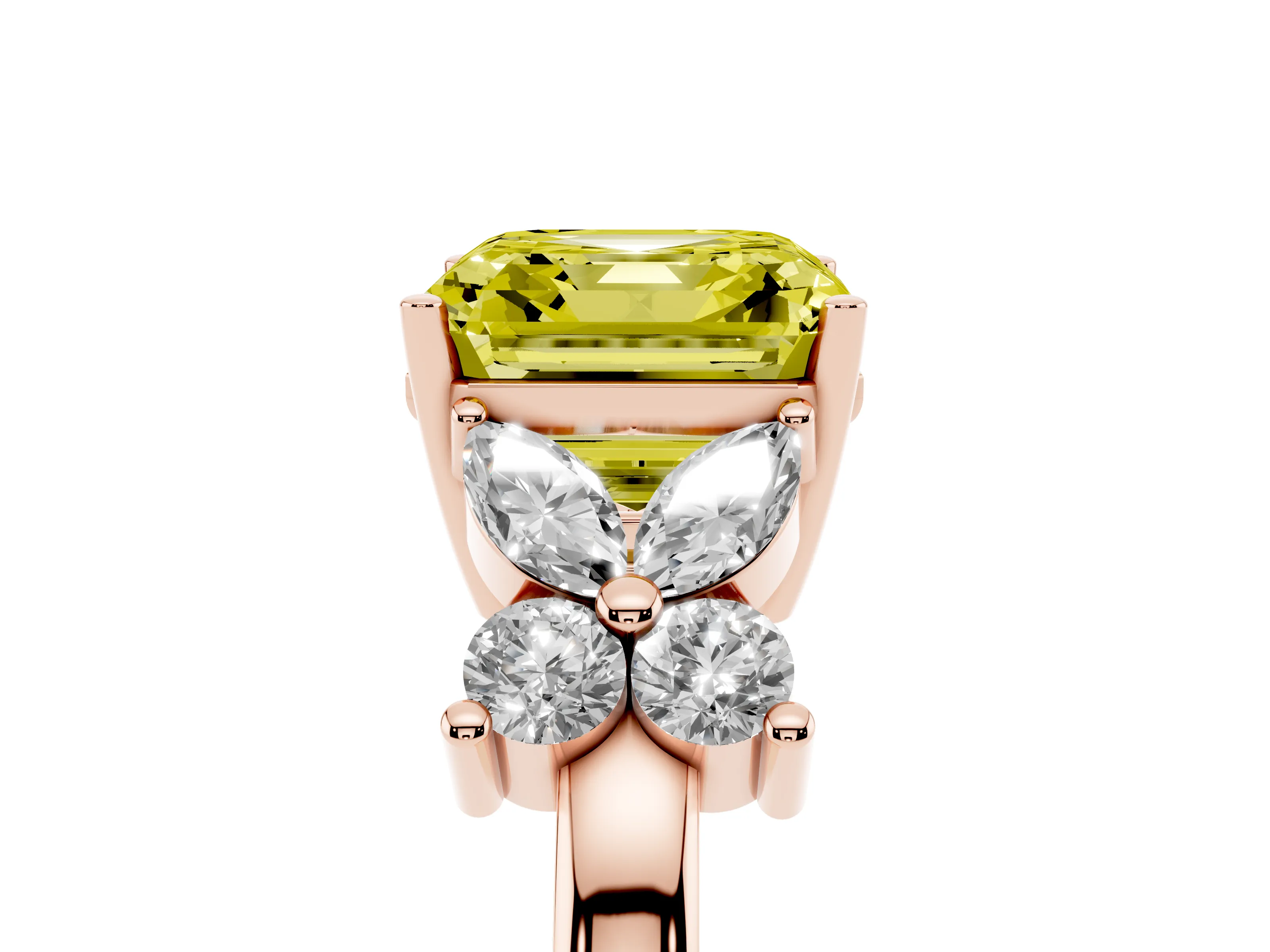 Fancy Yellow Asscher Cut Diamond Floral Cluster Ring Set in Rose gold with Marquise Petals and Prong Setting