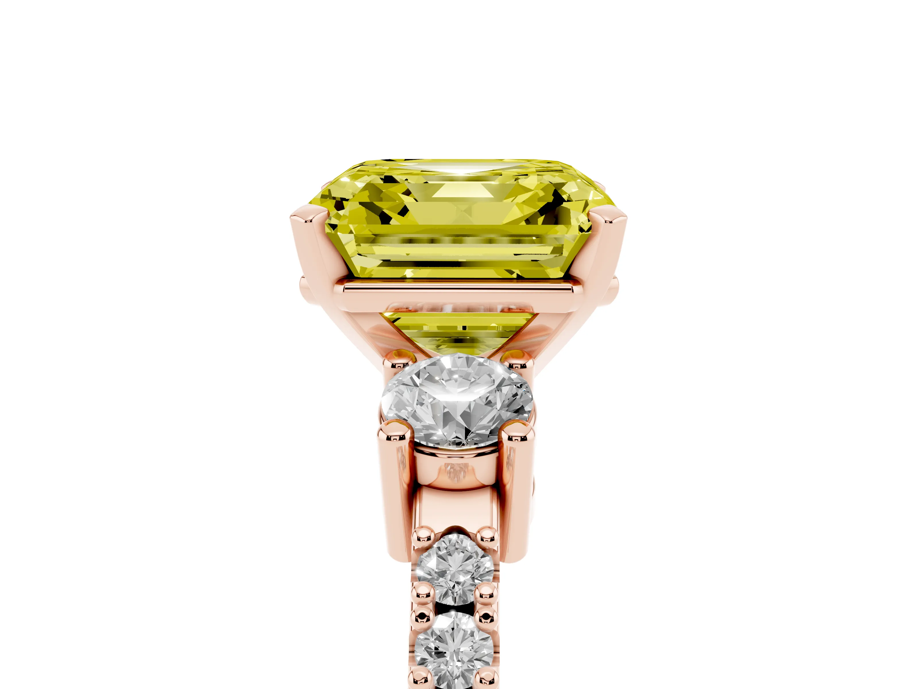 Fancy Yellow Three-Stone Asscher Cut Diamond Pavé Band Ring Set in Rose gold with Prong Setting
