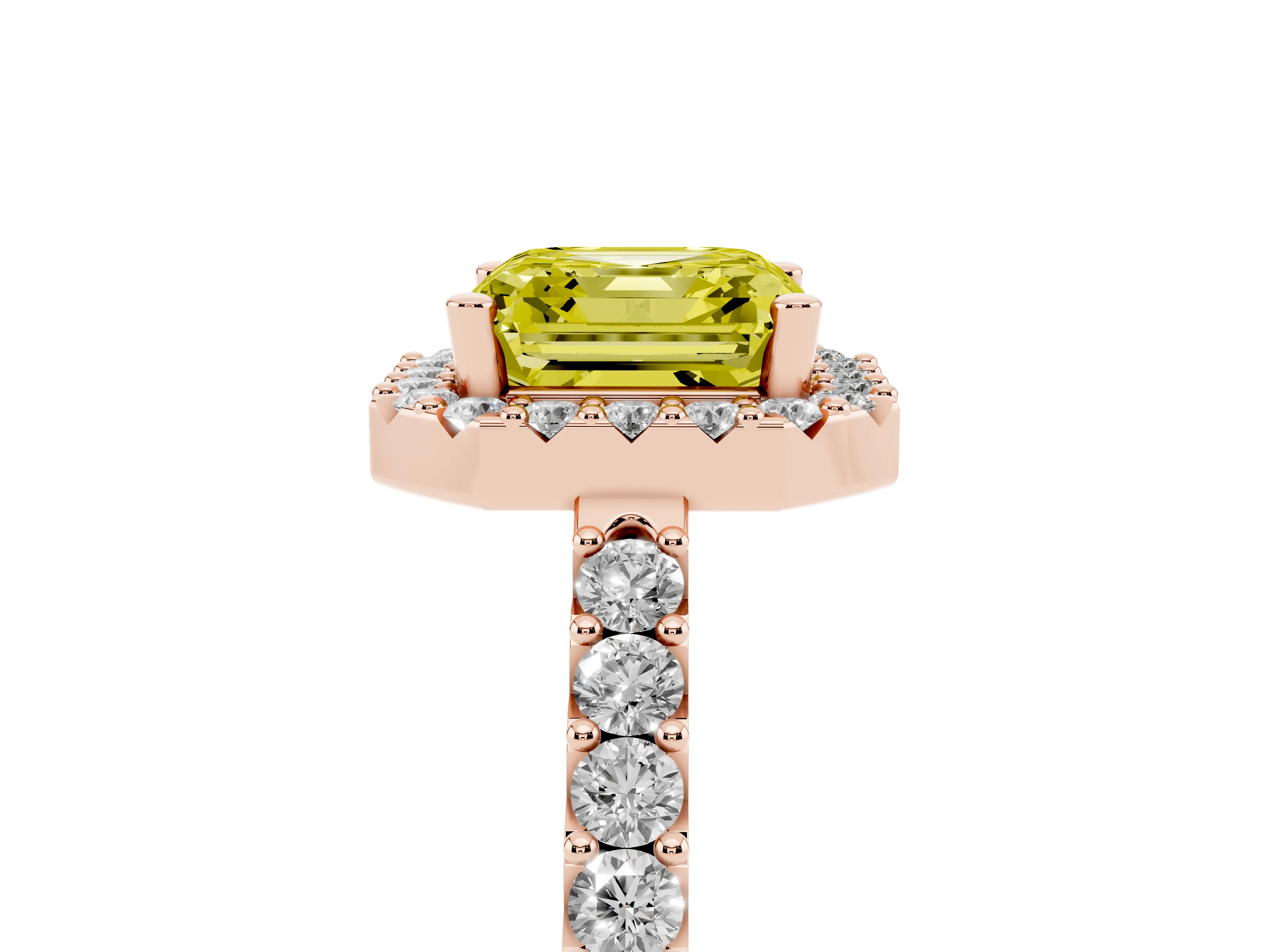 Fancy Yellow Asscher Cut Diamond Halo Pavé Solitaire Ring Set in Rose gold with Prong-Set Center Stone