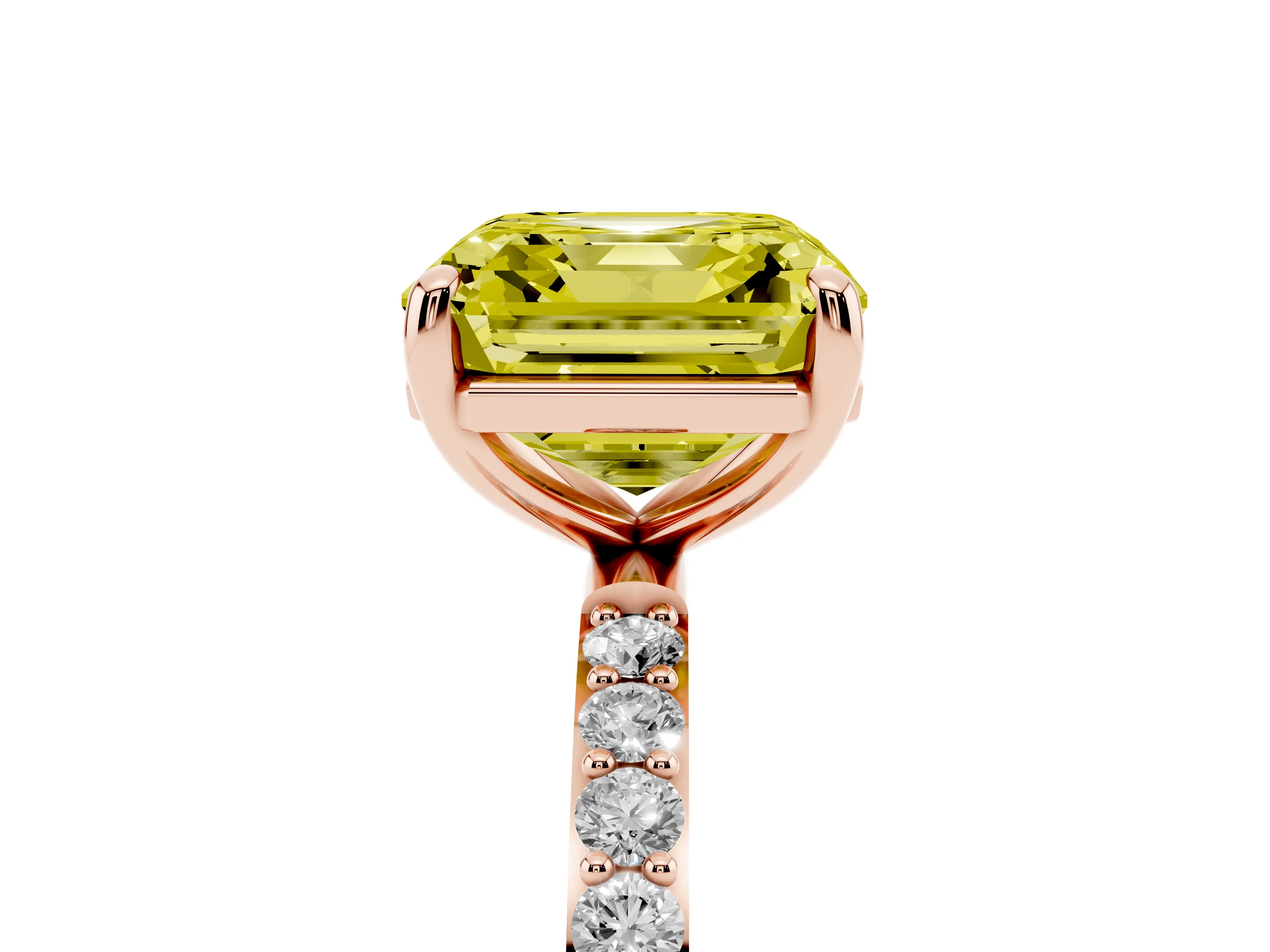 Fancy Yellow Asscher Cut Diamond Solitaire Ring Set in Rose gold with Round Pavé Band and Prong Setting