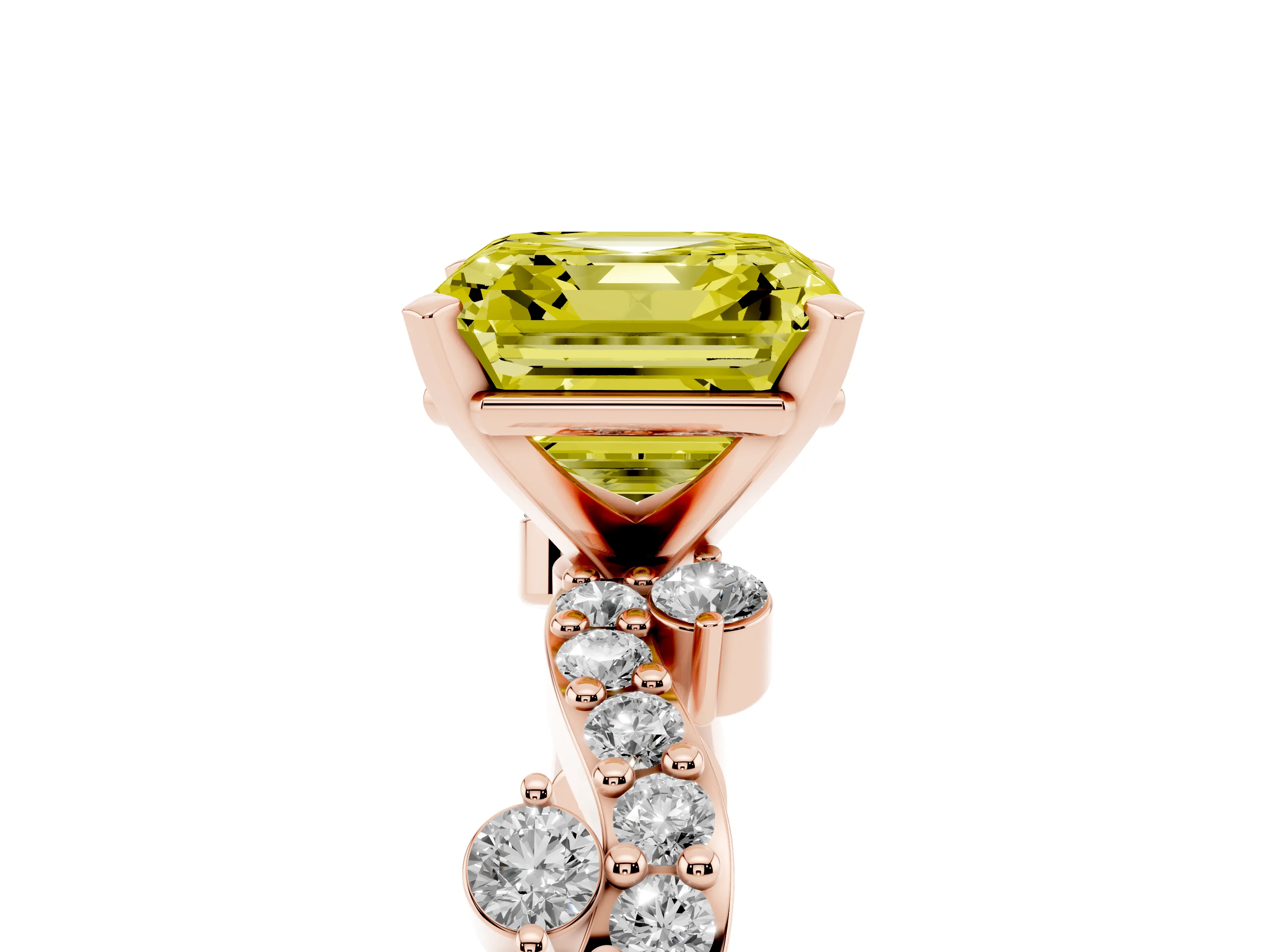 Fancy Yellow Asscher Cut Diamond Solitaire Twisted Band Set in Rose gold with Pavé Setting