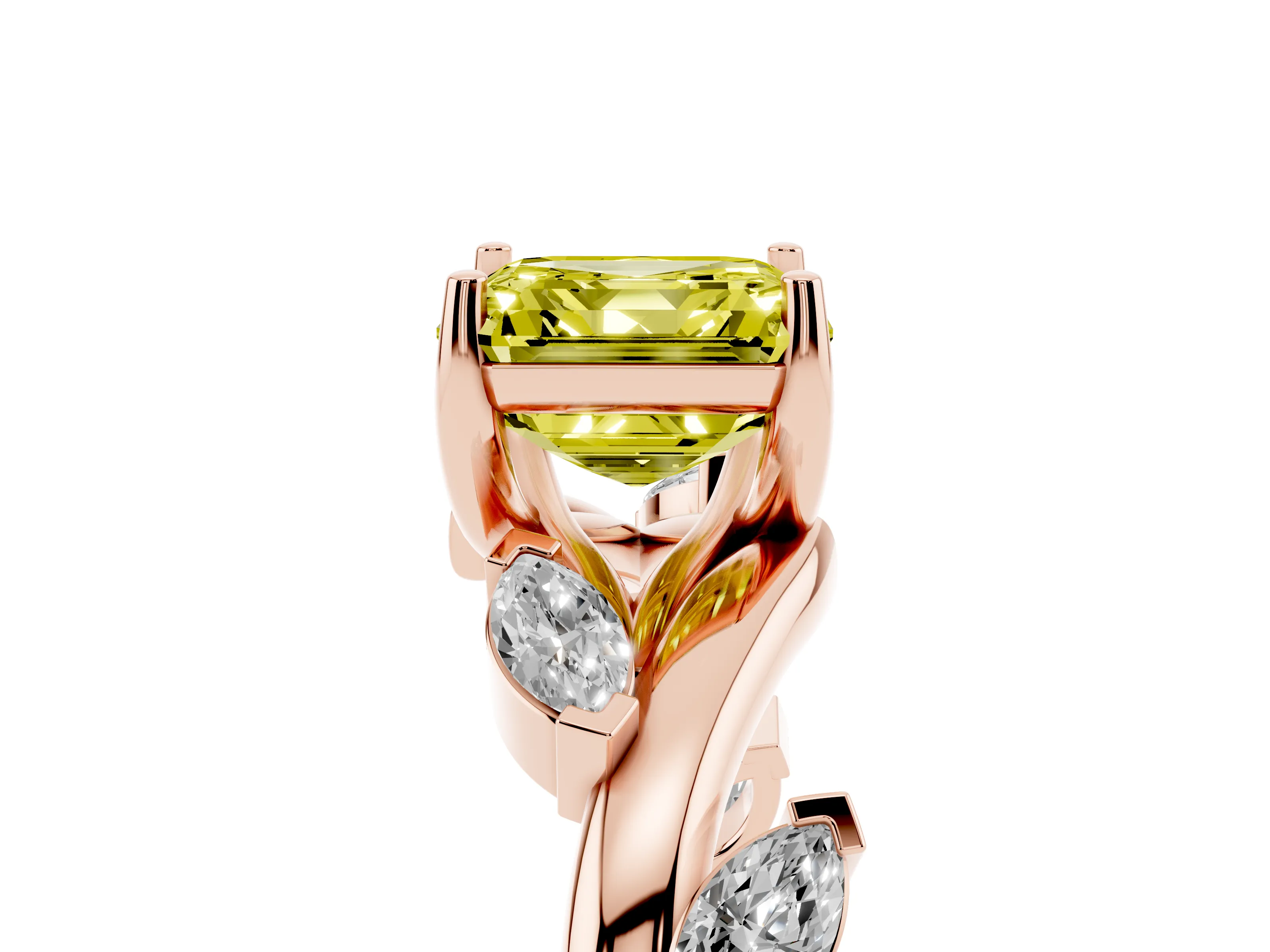 Fancy Yellow Asscher Cut Diamond Solitaire Ring Set in Rose gold with Twisted Marquise Accent Band