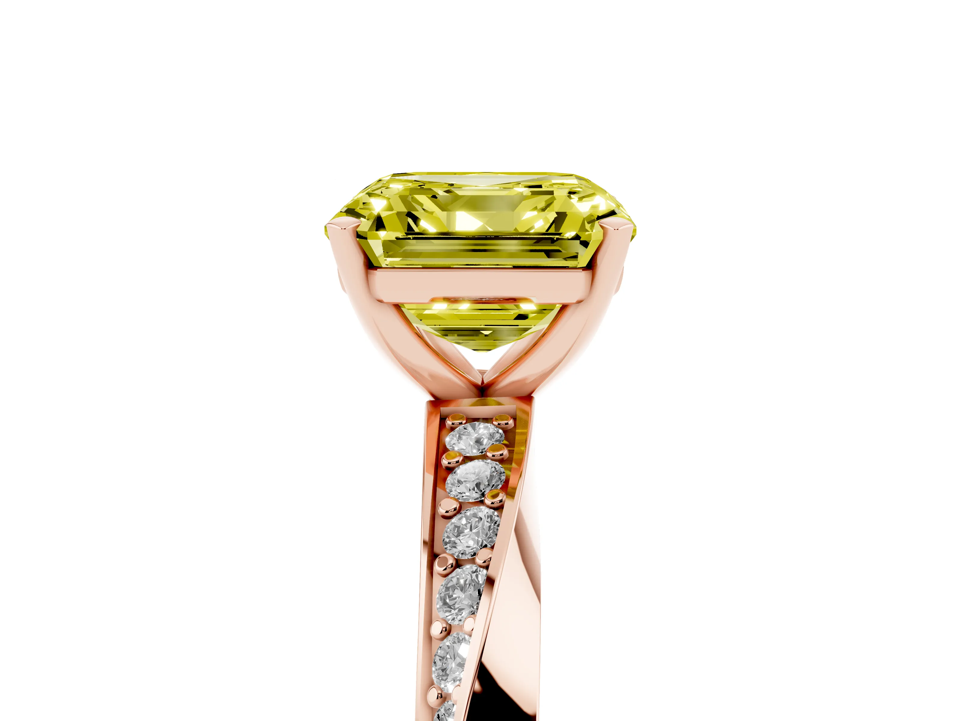 Fancy Yellow Asscher Cut Diamond Engagement Ring Set in Rose gold with Side Stone Accents and Prong Setting