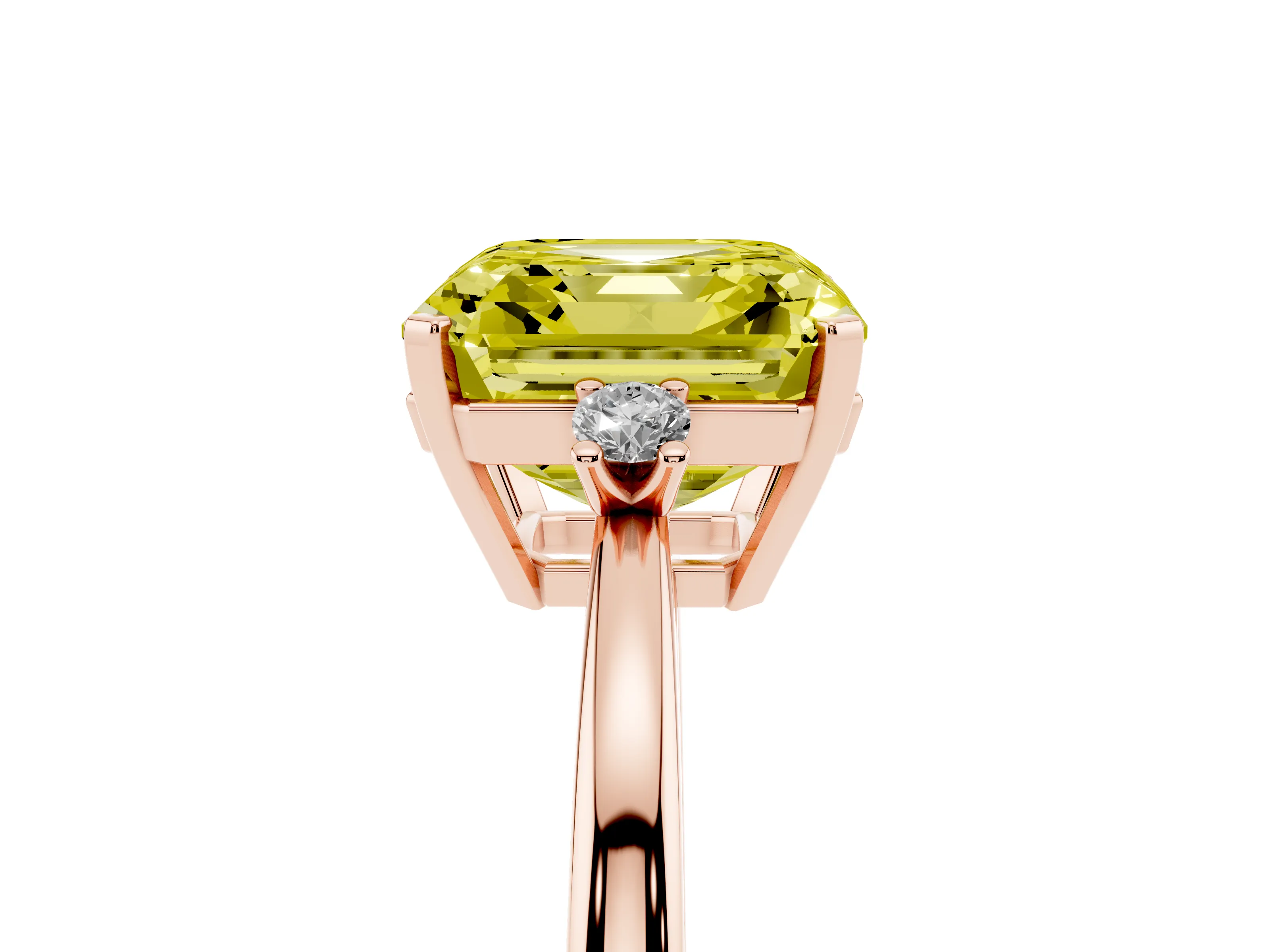 Fancy Yellow Three-Stone Asscher Cut Diamond Solitaire Ring Set in Rose gold with Round Accent Stones and Prong Setting