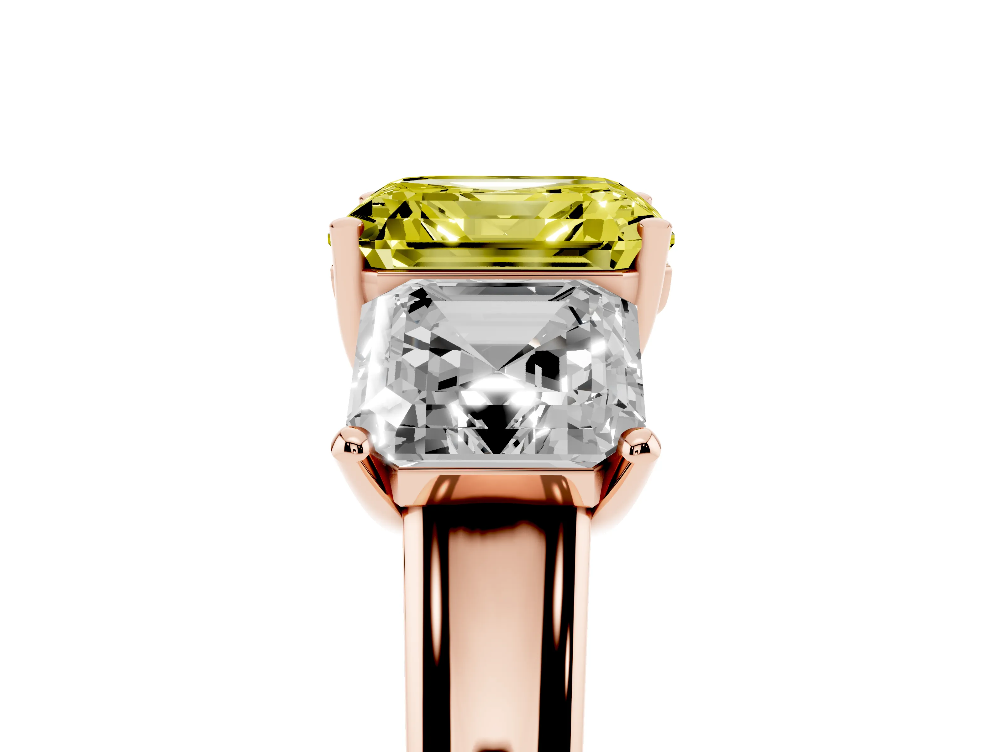 Fancy Yellow Asscher Cut Diamond Three-Stone Ring Set in Rose gold with Classic Prong Setting and Plain Band