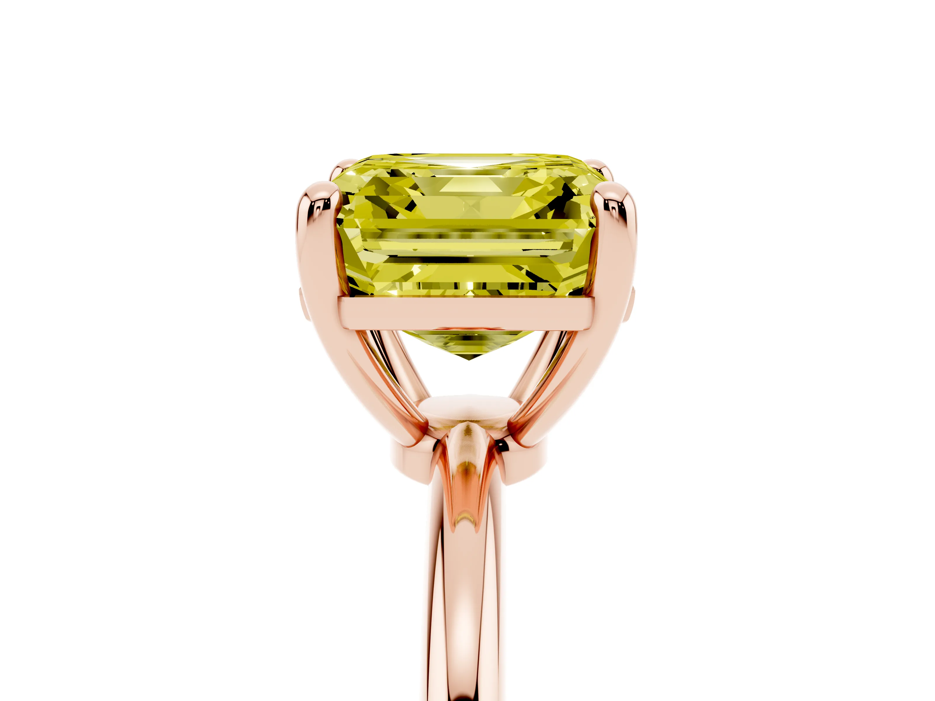 Fancy Yellow Asscher Cut Diamond Solitaire Ring Set in Rose gold with Secure Prong Setting on a Classic Band
