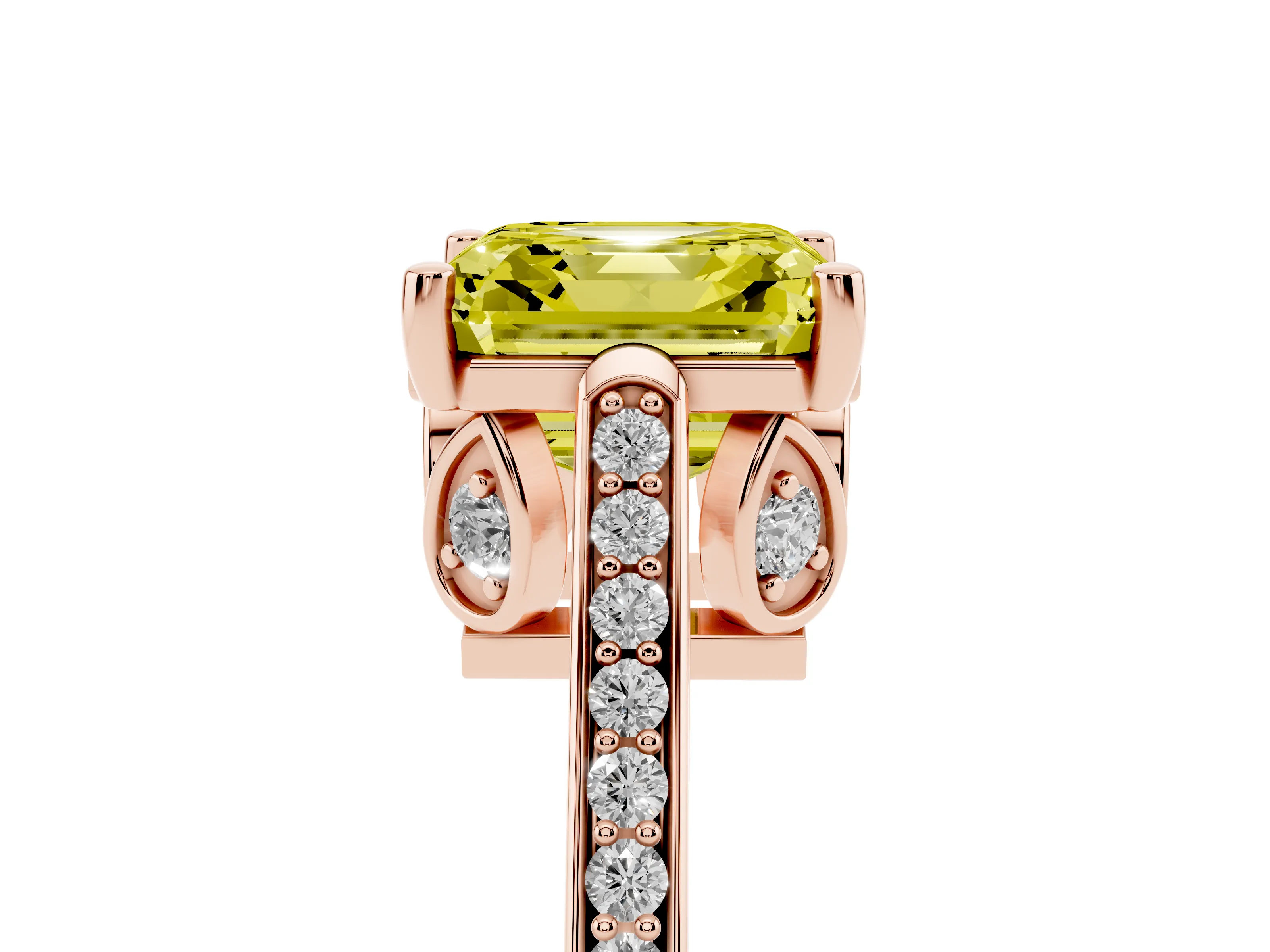 Fancy Yellow Asscher Cut Diamond Cathedral Pavé Engagement Ring Set in Rose gold with Prong Setting