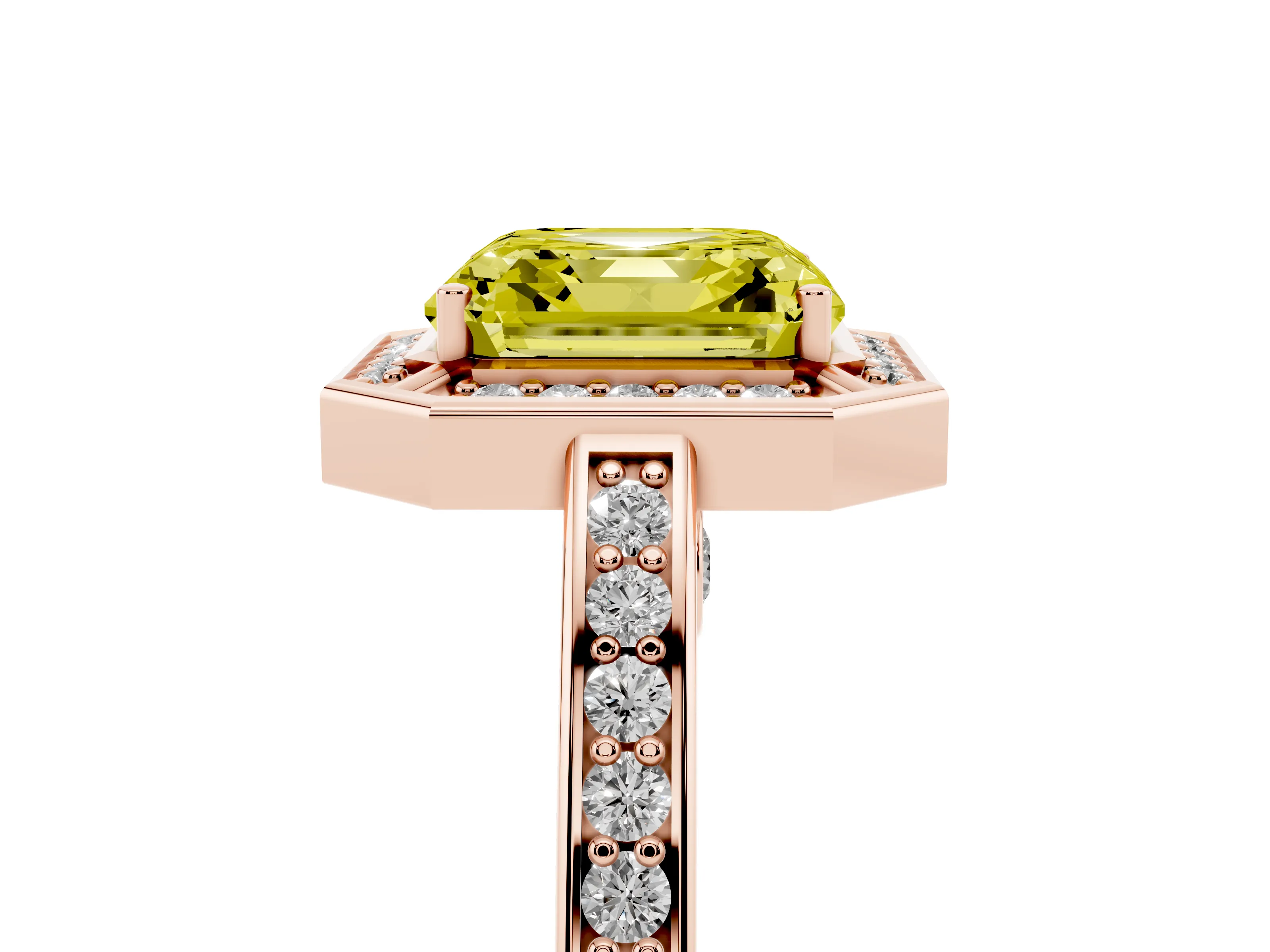 Fancy Yellow Asscher Cut Diamond Halo Pavé Split Shank Ring Set in Rose gold with Prong Setting