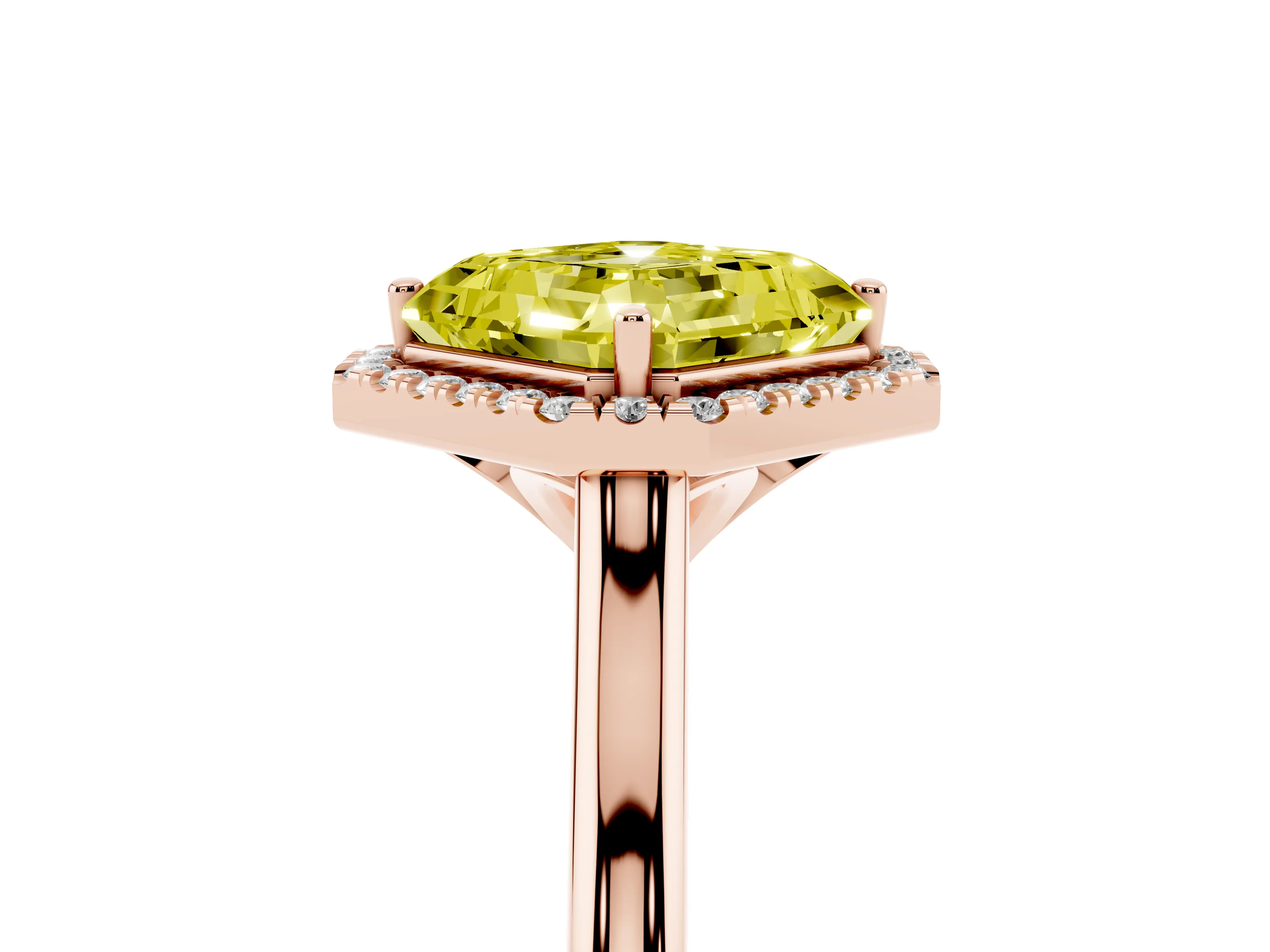 Fancy Yellow Asscher Cut Diamond Halo Engagement Ring Set in Rose gold with Pavé Band and Rising Shoulders