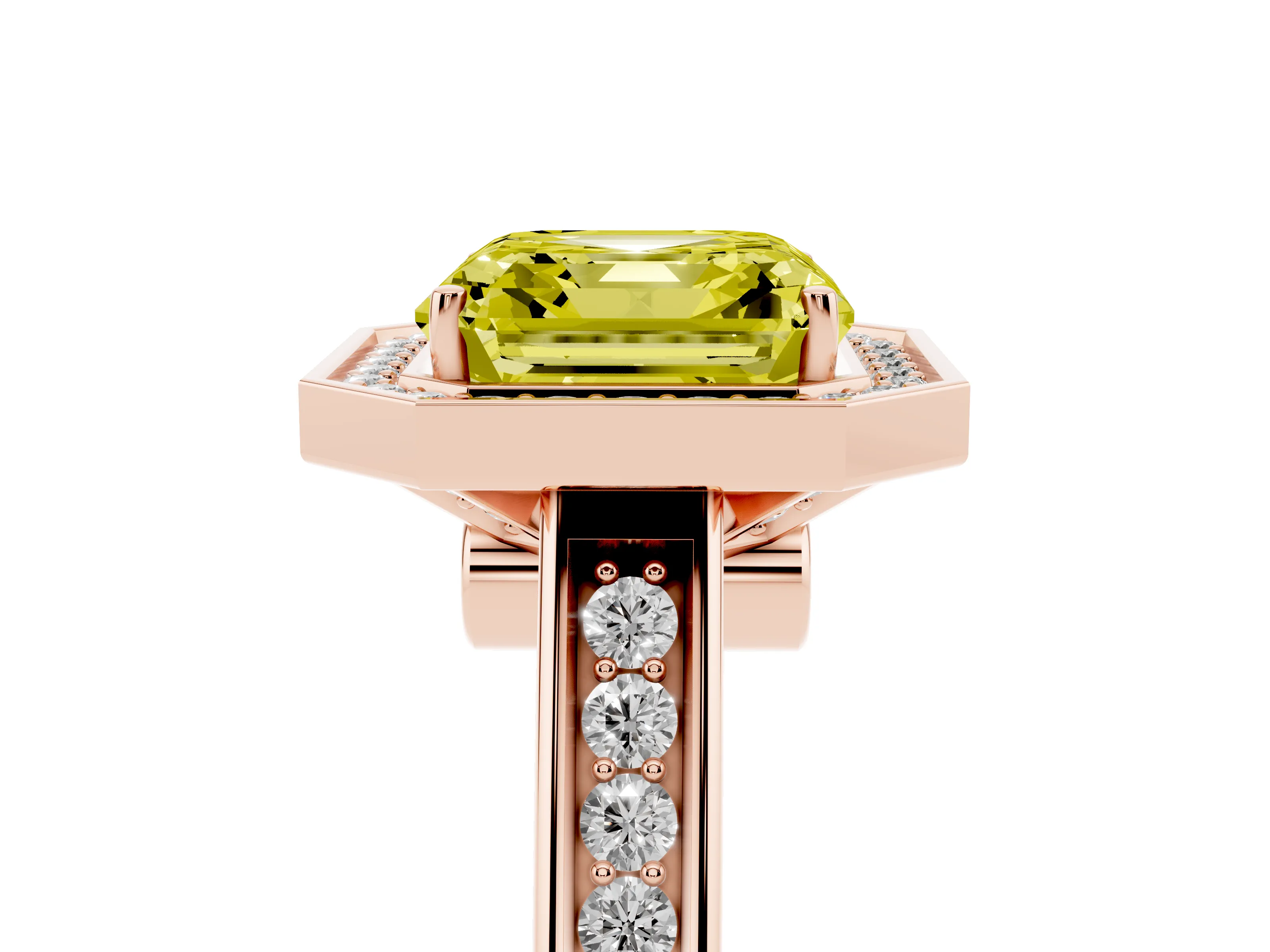 Fancy Yellow Asscher Cut Diamond Halo Solitaire Ring Set in Rose gold with Pavé Band and Bezel Setting